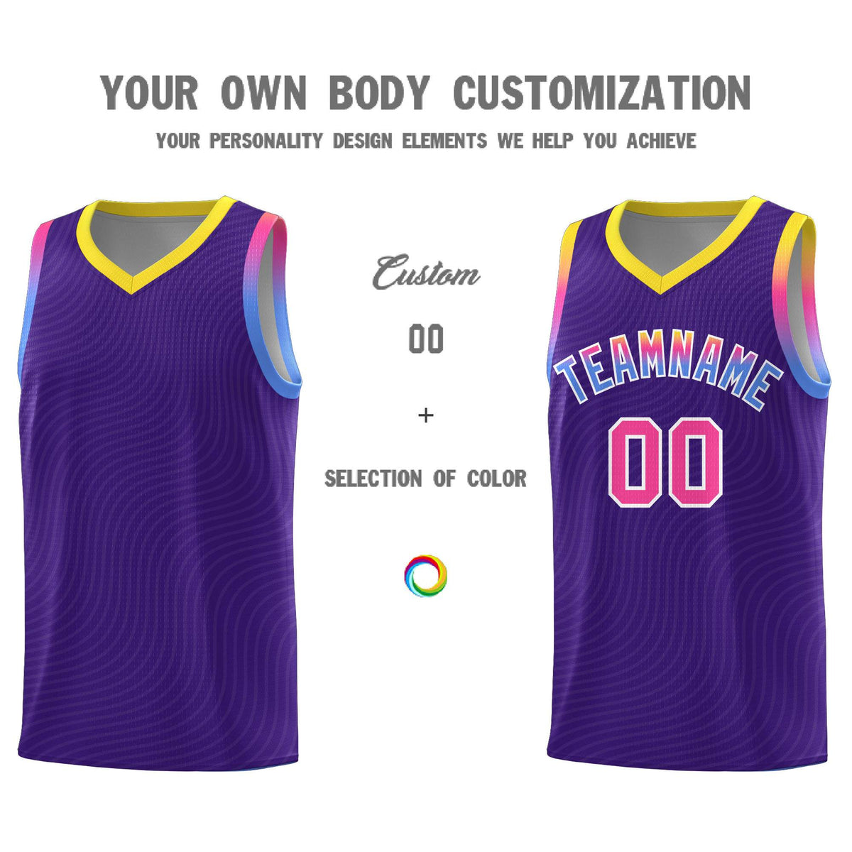 Custom Purple Gold Wave Pattern Sports Uniform Basketball Kits