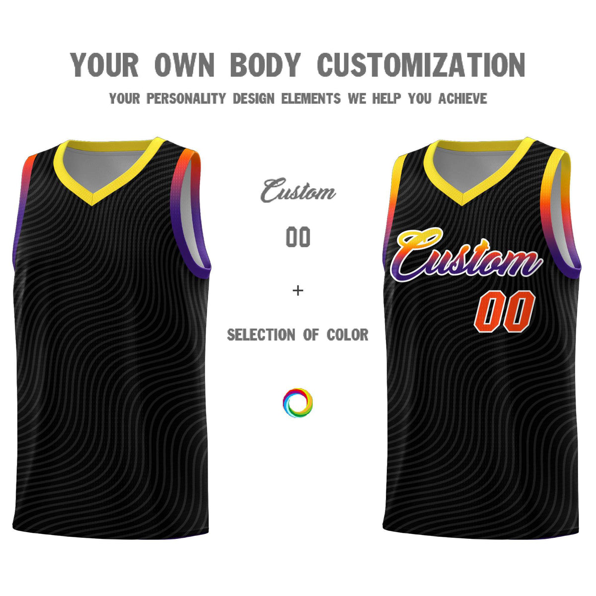 Custom Black Gold Wave Pattern Sports Uniform Basketball Kits