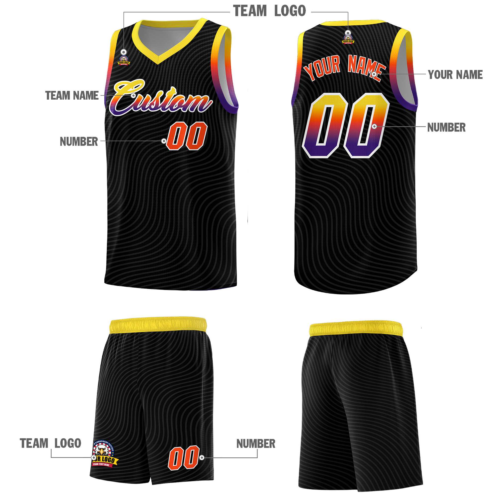 Custom Black Gold Wave Pattern Sports Uniform Basketball Kits