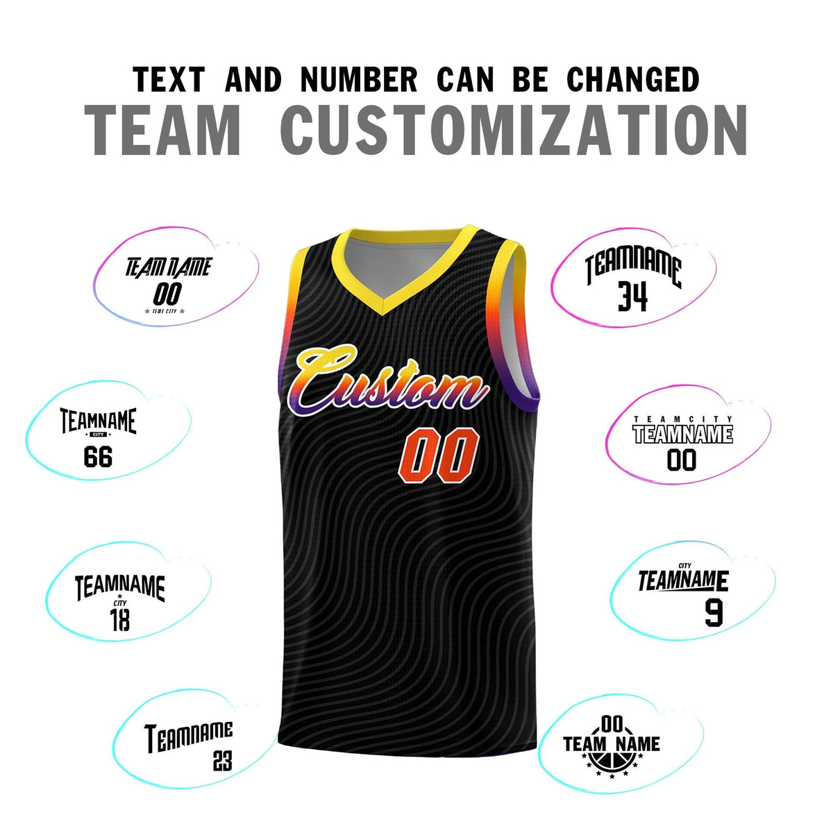 Custom Black Gold Wave Pattern Sports Uniform Basketball Kits