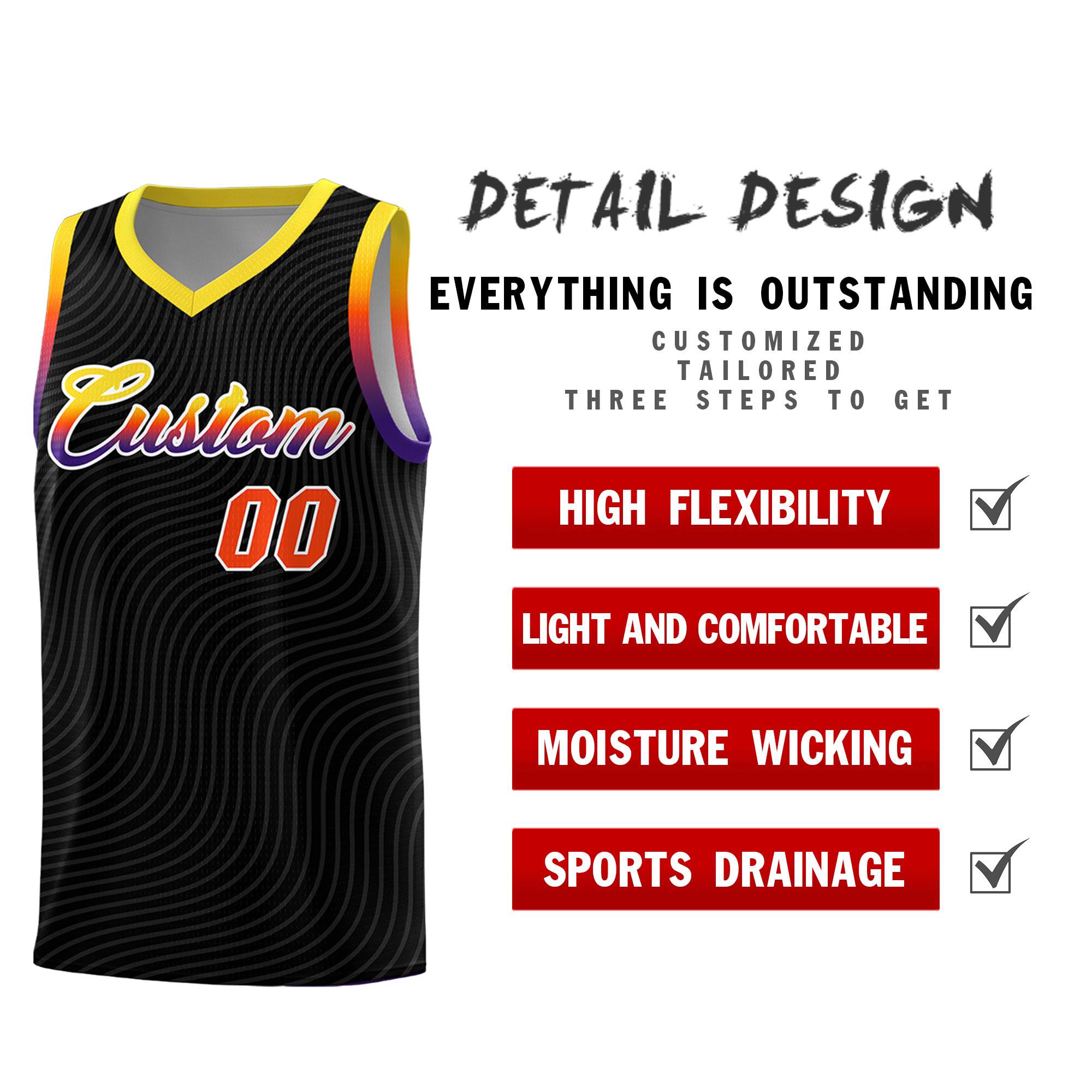 Custom Black Gold Wave Pattern Sports Uniform Basketball Kits