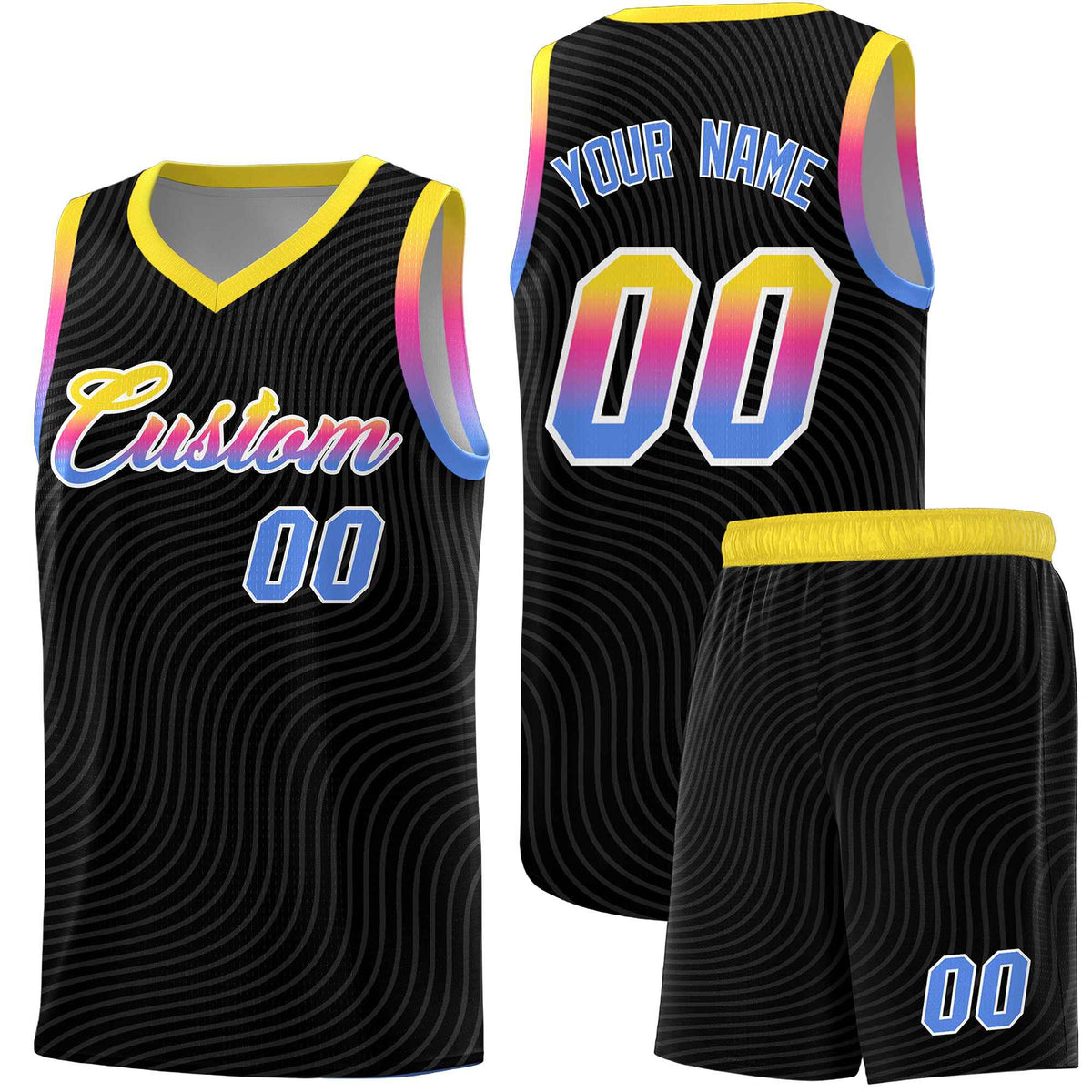 Custom Black Gold Wave Pattern Sports Uniform Basketball Kits