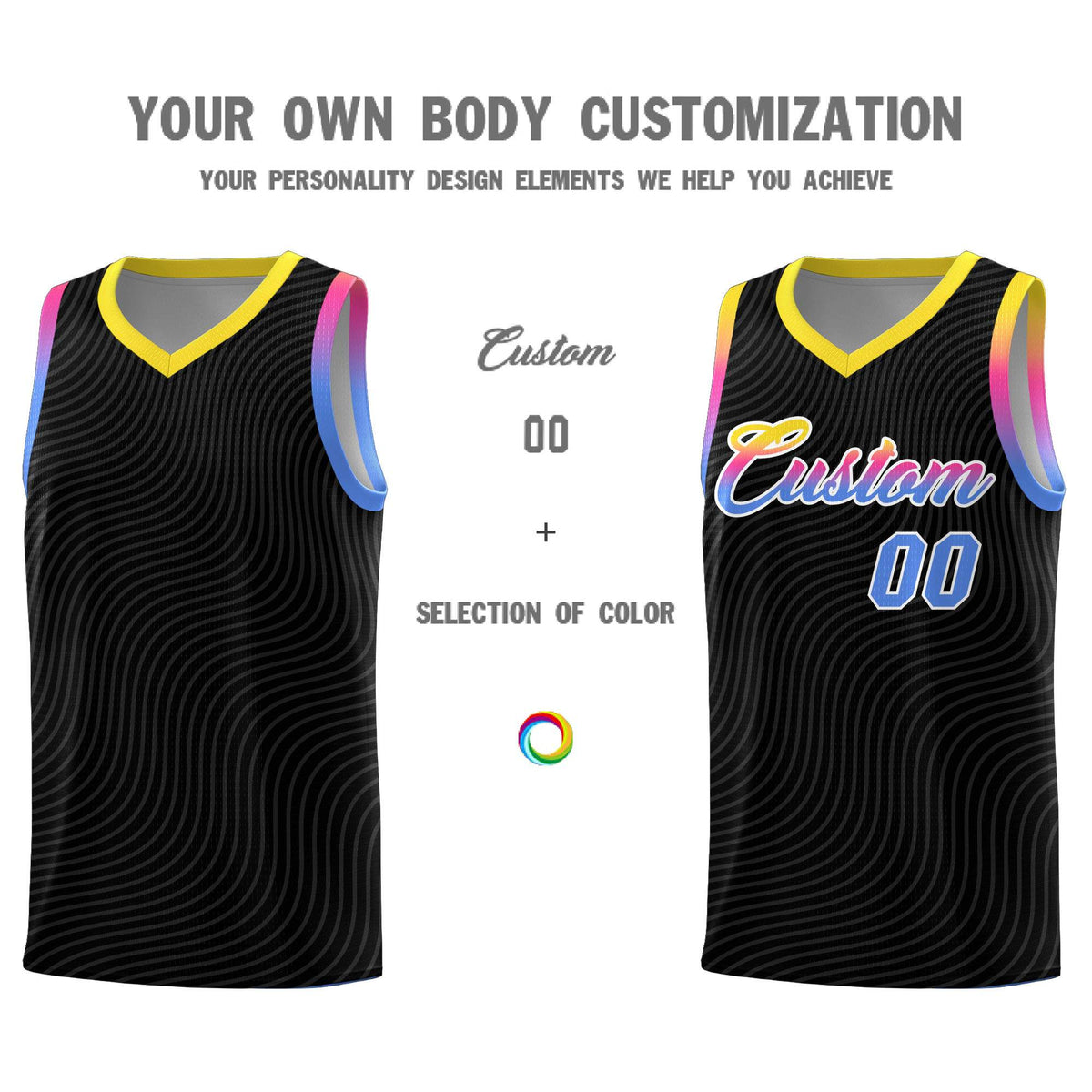 Custom Black Gold Wave Pattern Sports Uniform Basketball Kits