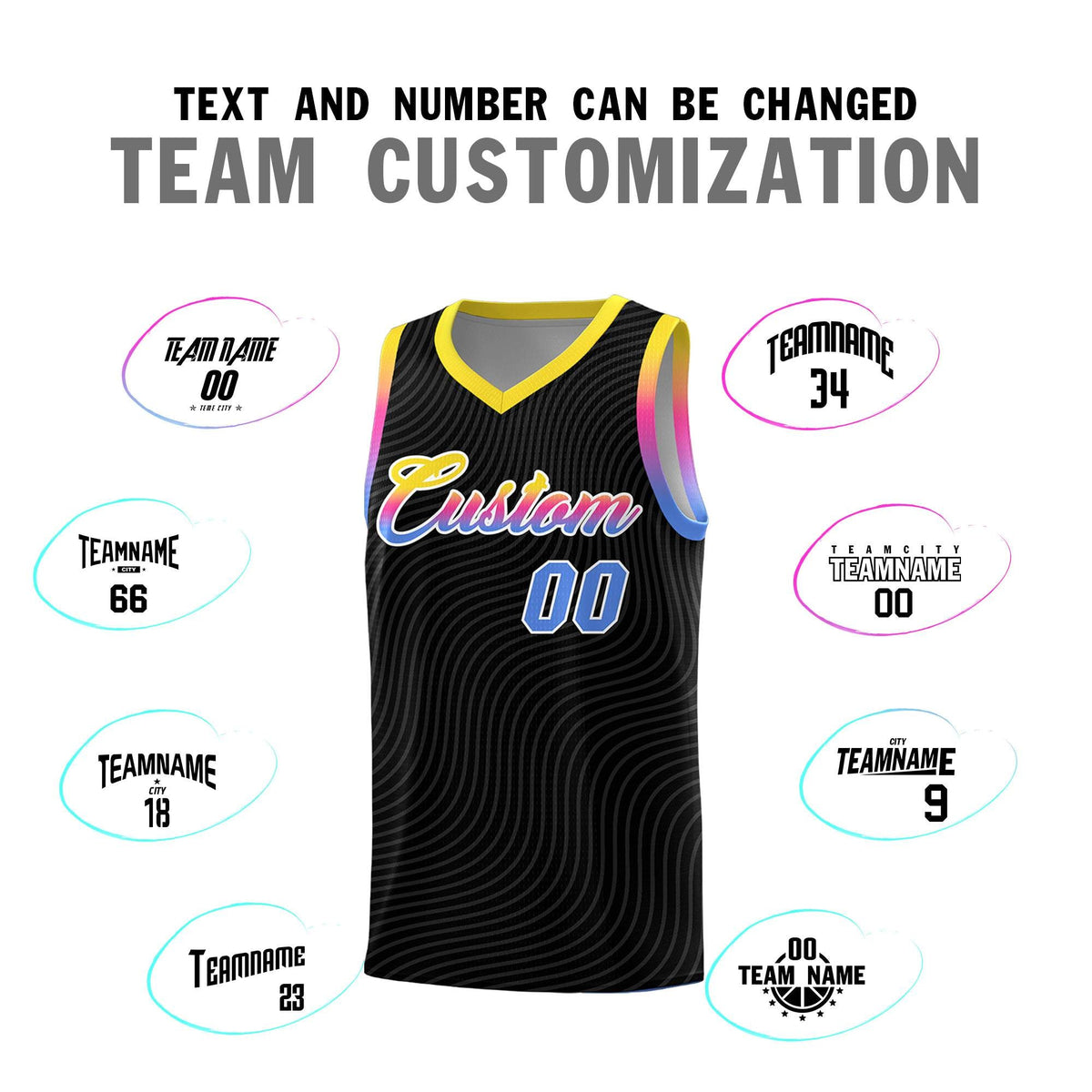 Custom Black Gold Wave Pattern Sports Uniform Basketball Kits