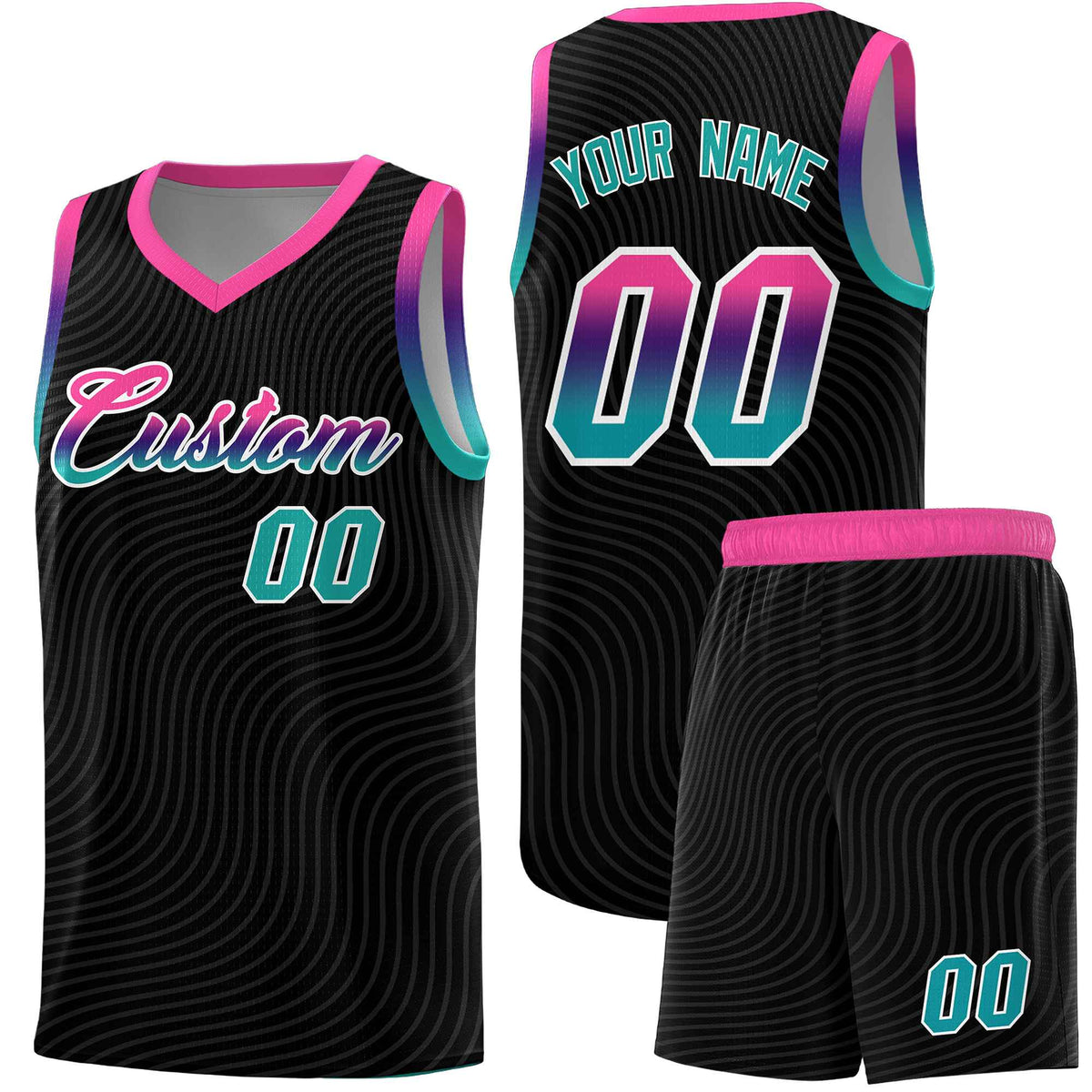 Custom Black Pink Wave Pattern Sports Uniform Basketball Kits