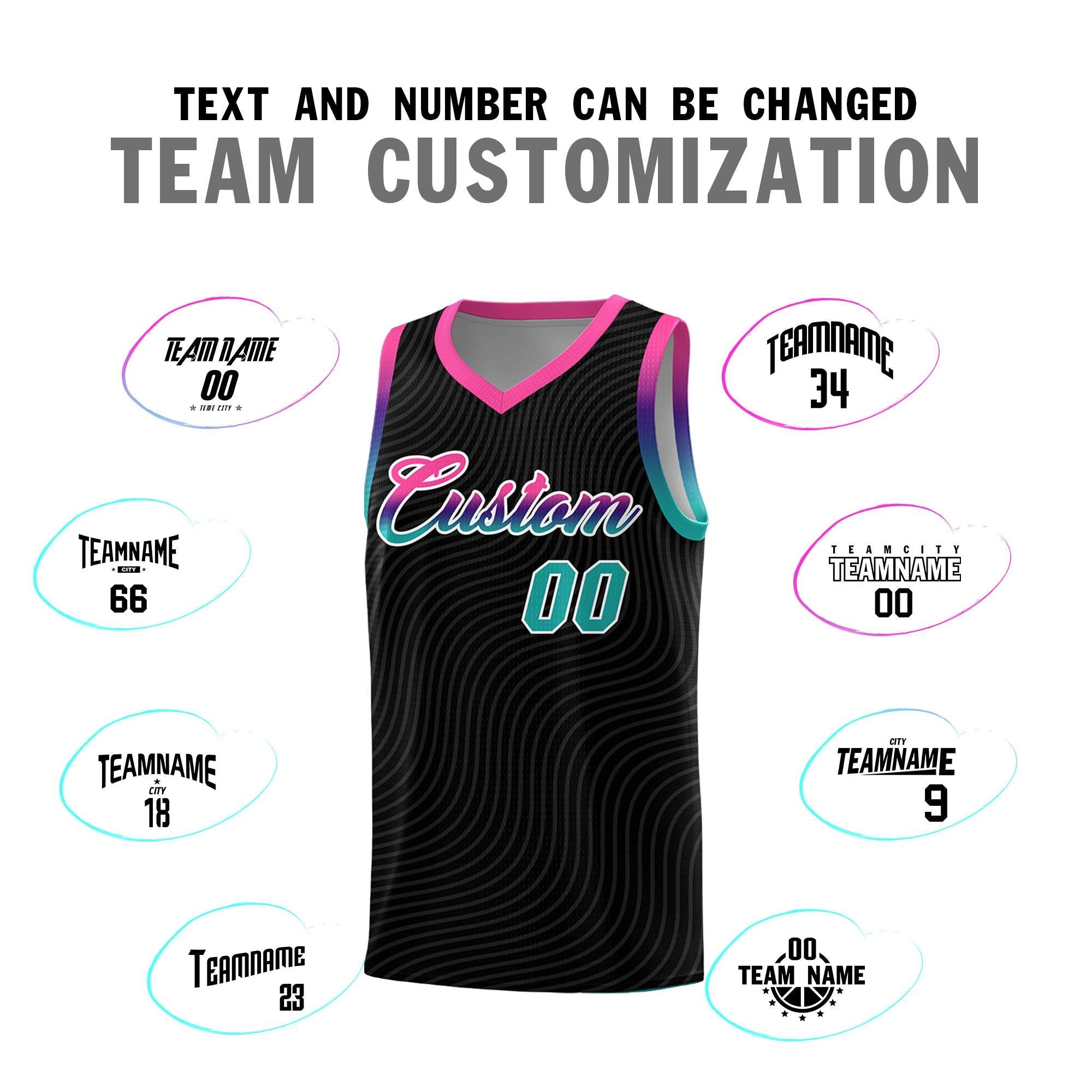 Custom Black Pink Wave Pattern Sports Uniform Basketball Kits