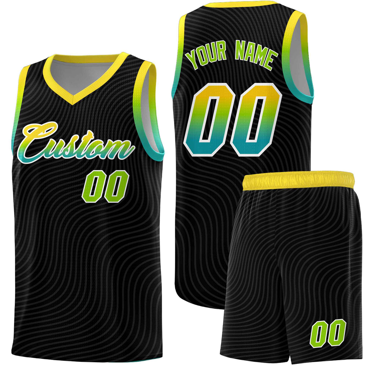 Custom Black Gold Wave Pattern Sports Uniform Basketball Kits