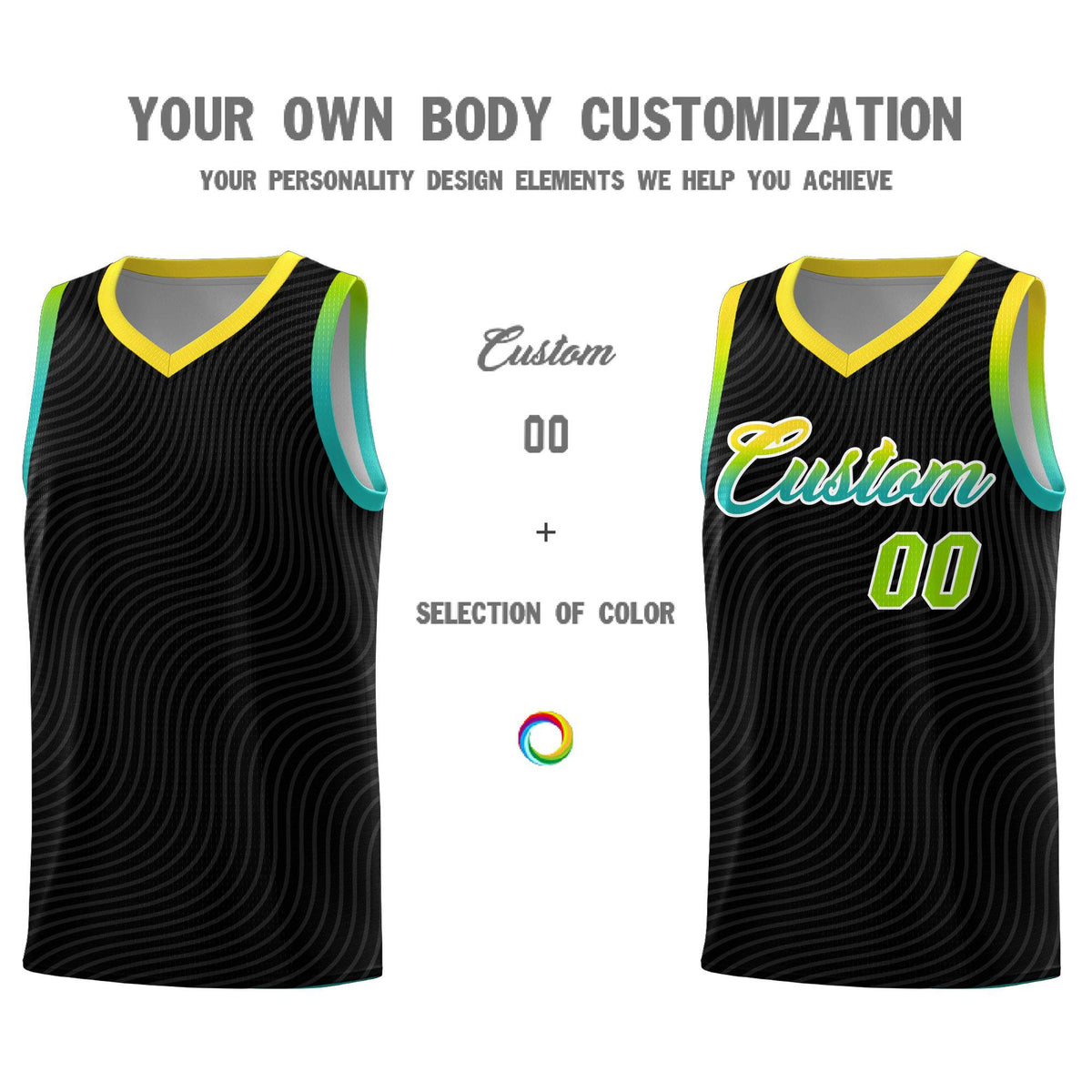 Custom Black Gold Wave Pattern Sports Uniform Basketball Kits