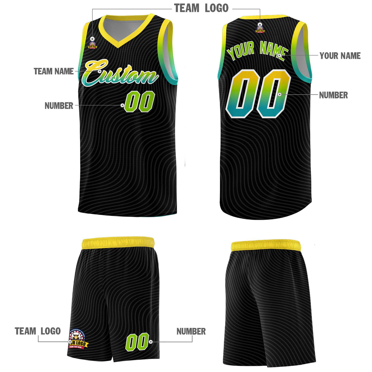 Custom Black Gold Wave Pattern Sports Uniform Basketball Kits