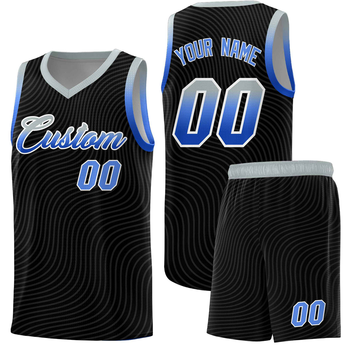 Custom Black Gray Wave Pattern Sports Uniform Basketball Kits