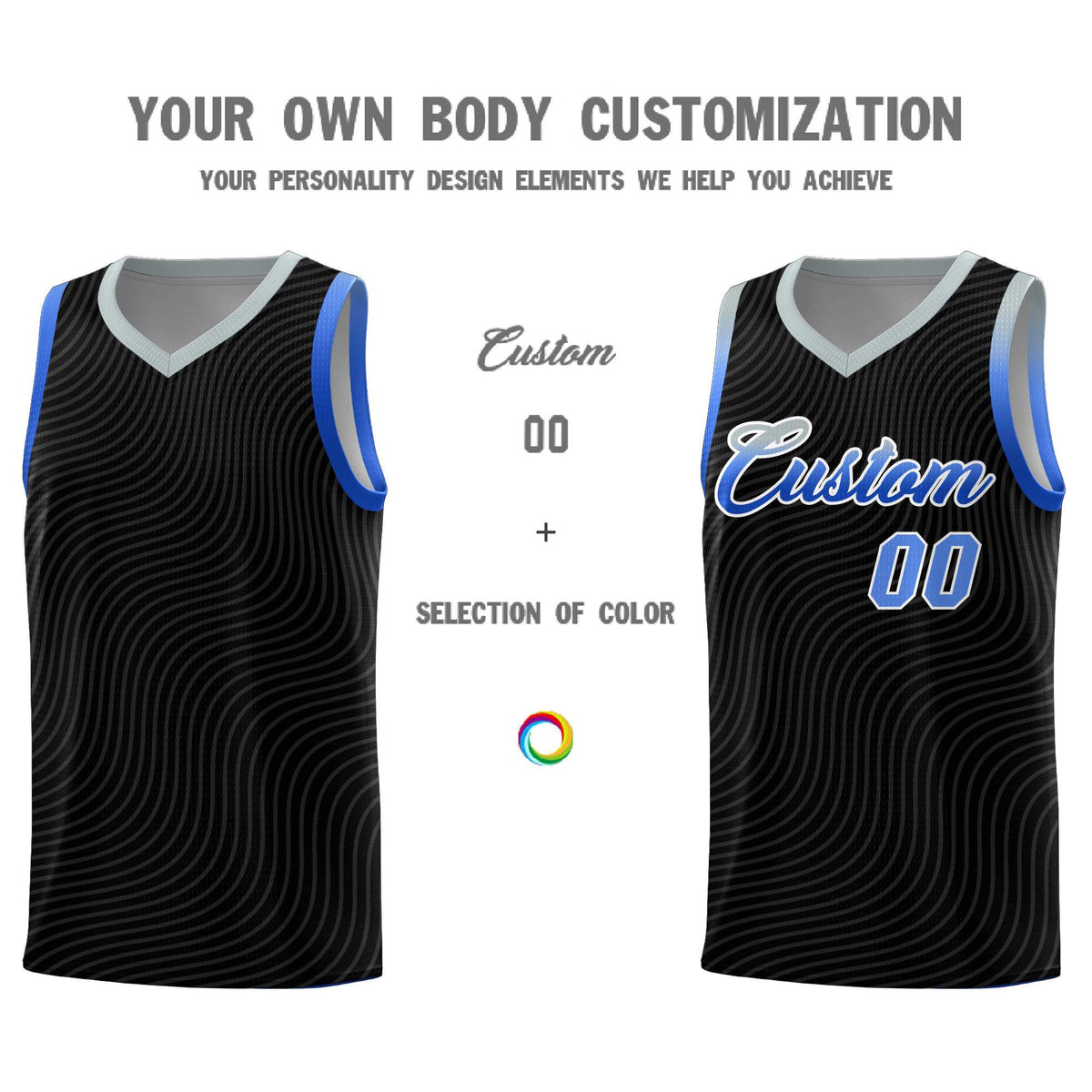 Custom Black Gray Wave Pattern Sports Uniform Basketball Kits