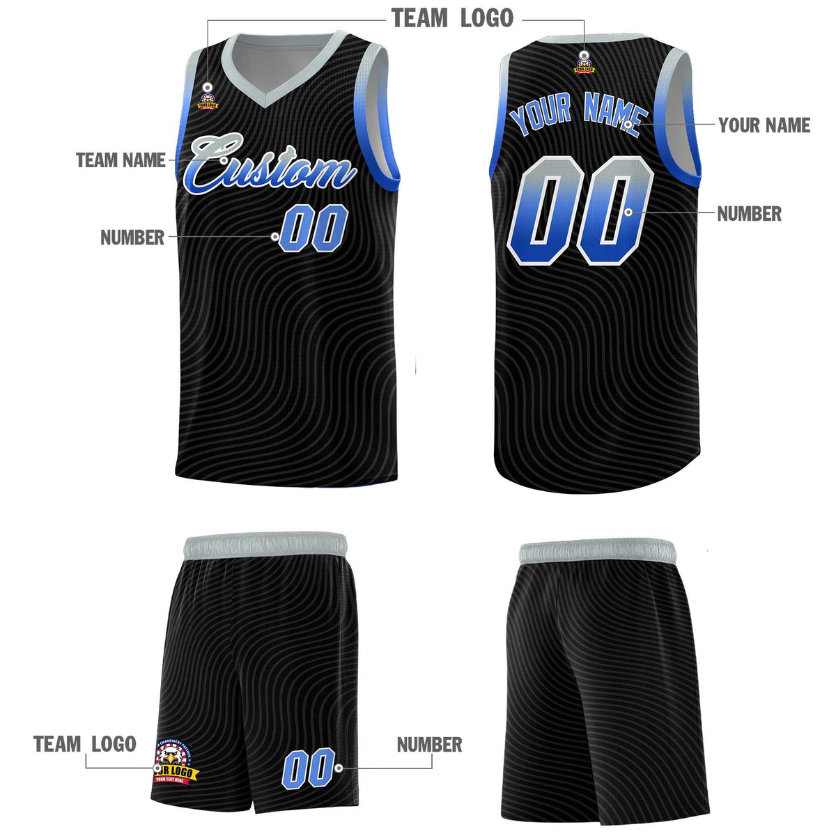 Custom Black Gray Wave Pattern Sports Uniform Basketball Kits