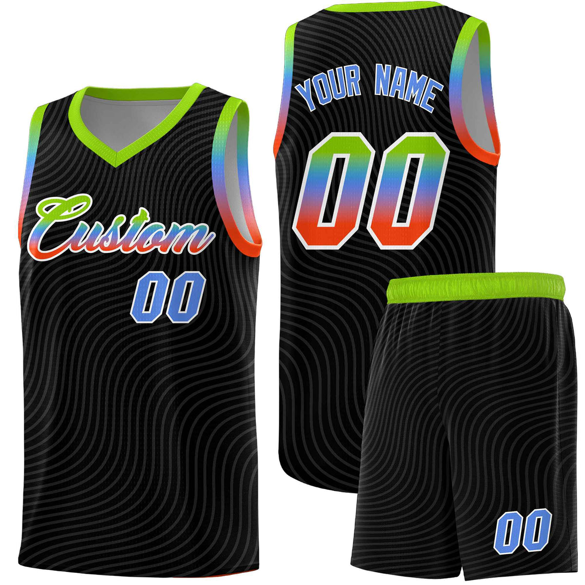 Custom Black Neon Green Wave Pattern Sports Uniform Basketball Kits