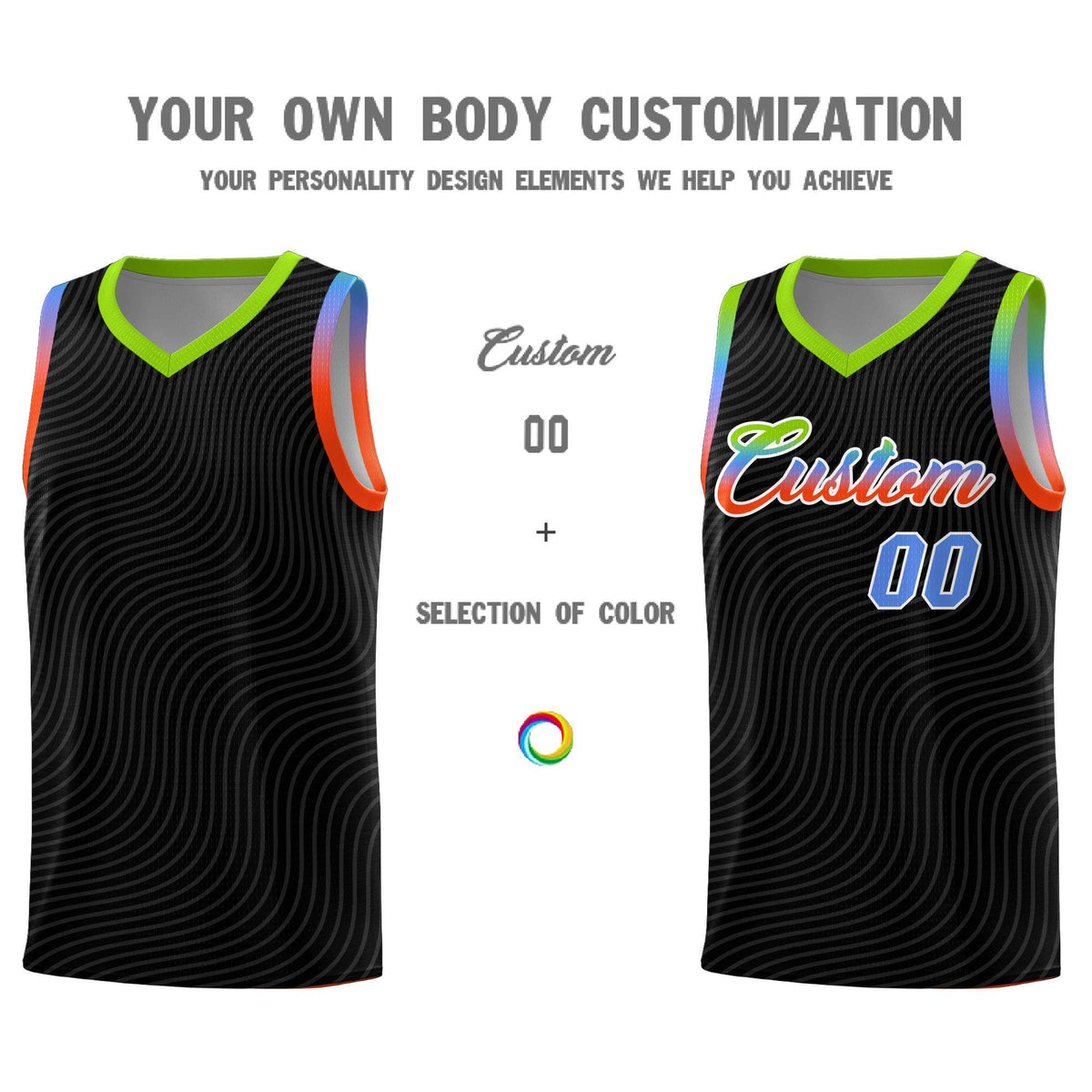 Custom Black Neon Green Wave Pattern Sports Uniform Basketball Kits
