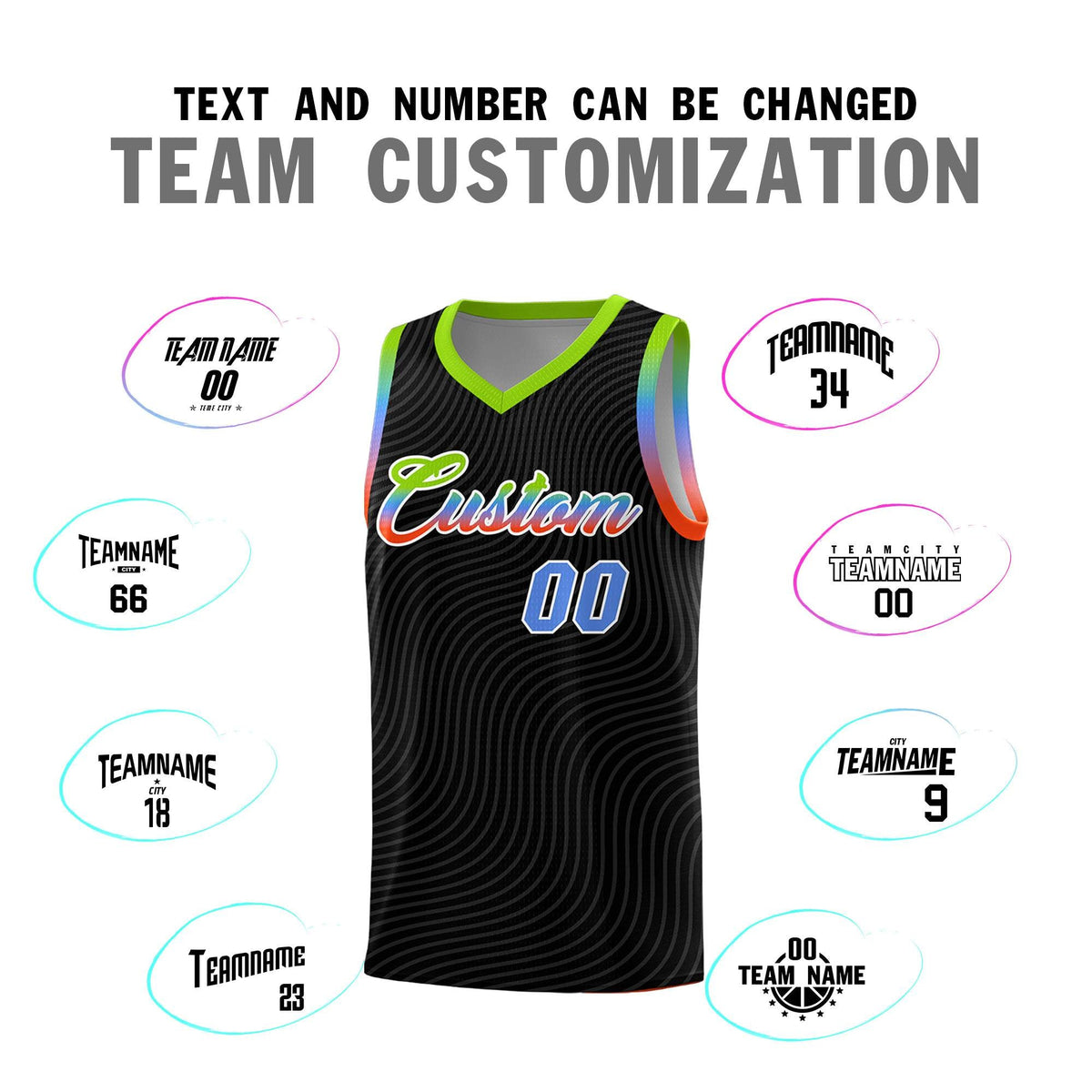 Custom Black Neon Green Wave Pattern Sports Uniform Basketball Kits