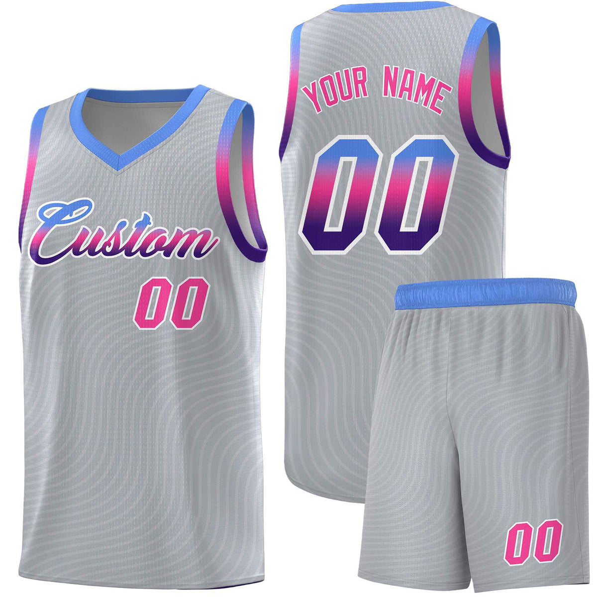 Custom Gray Light Blue Wave Pattern Sports Uniform Basketball Kits