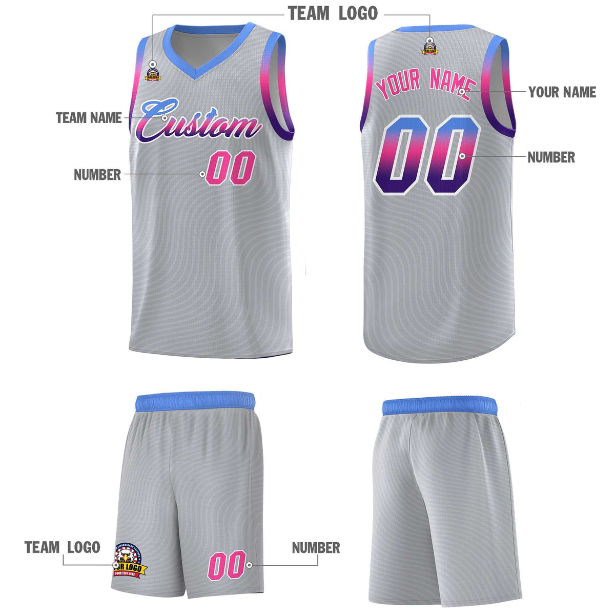 Custom Gray Light Blue Wave Pattern Sports Uniform Basketball Kits