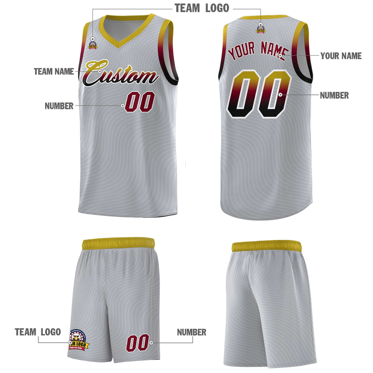 Custom Gray Old Gold Wave Pattern Sports Uniform Basketball Kits