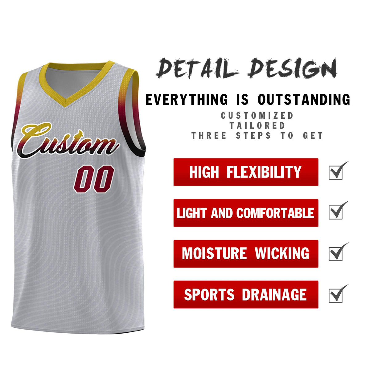 Custom Gray Old Gold Wave Pattern Sports Uniform Basketball Kits