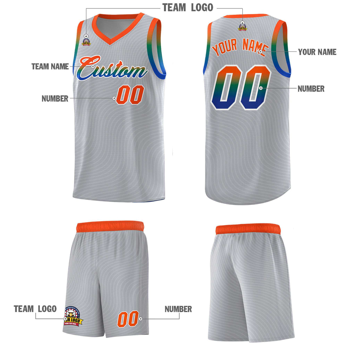 Custom Gray Orange Wave Pattern Sports Uniform Basketball Kits