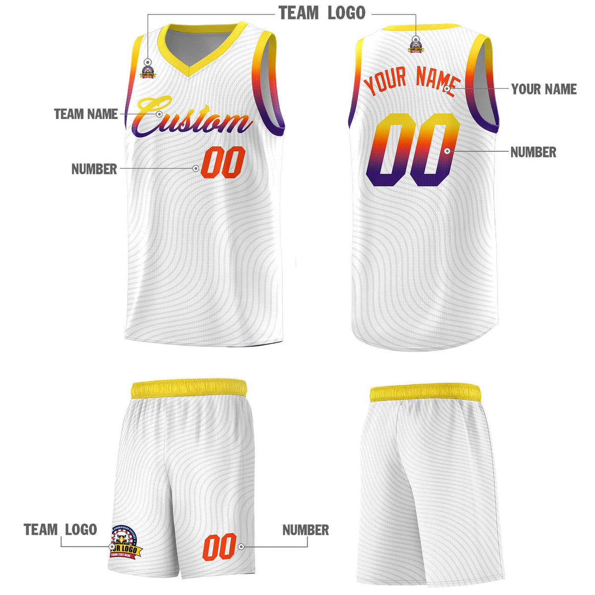 Custom White Gold Wave Pattern Sports Uniform Basketball Kits