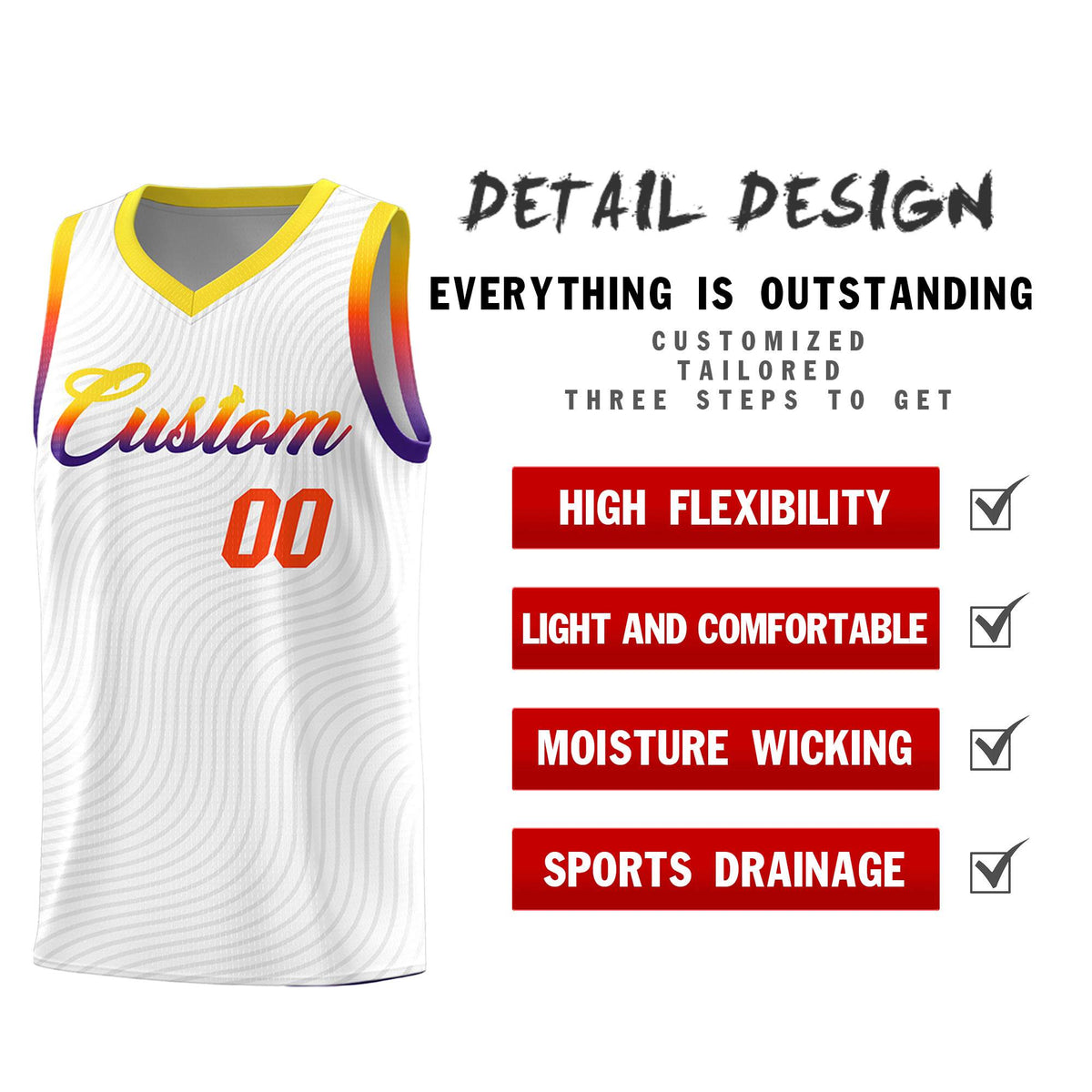 Custom White Gold Wave Pattern Sports Uniform Basketball Kits