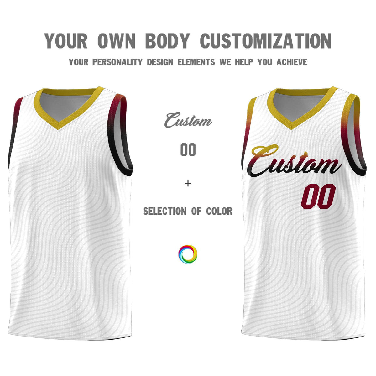 Custom White Old Gold Wave Pattern Sports Uniform Basketball Kits
