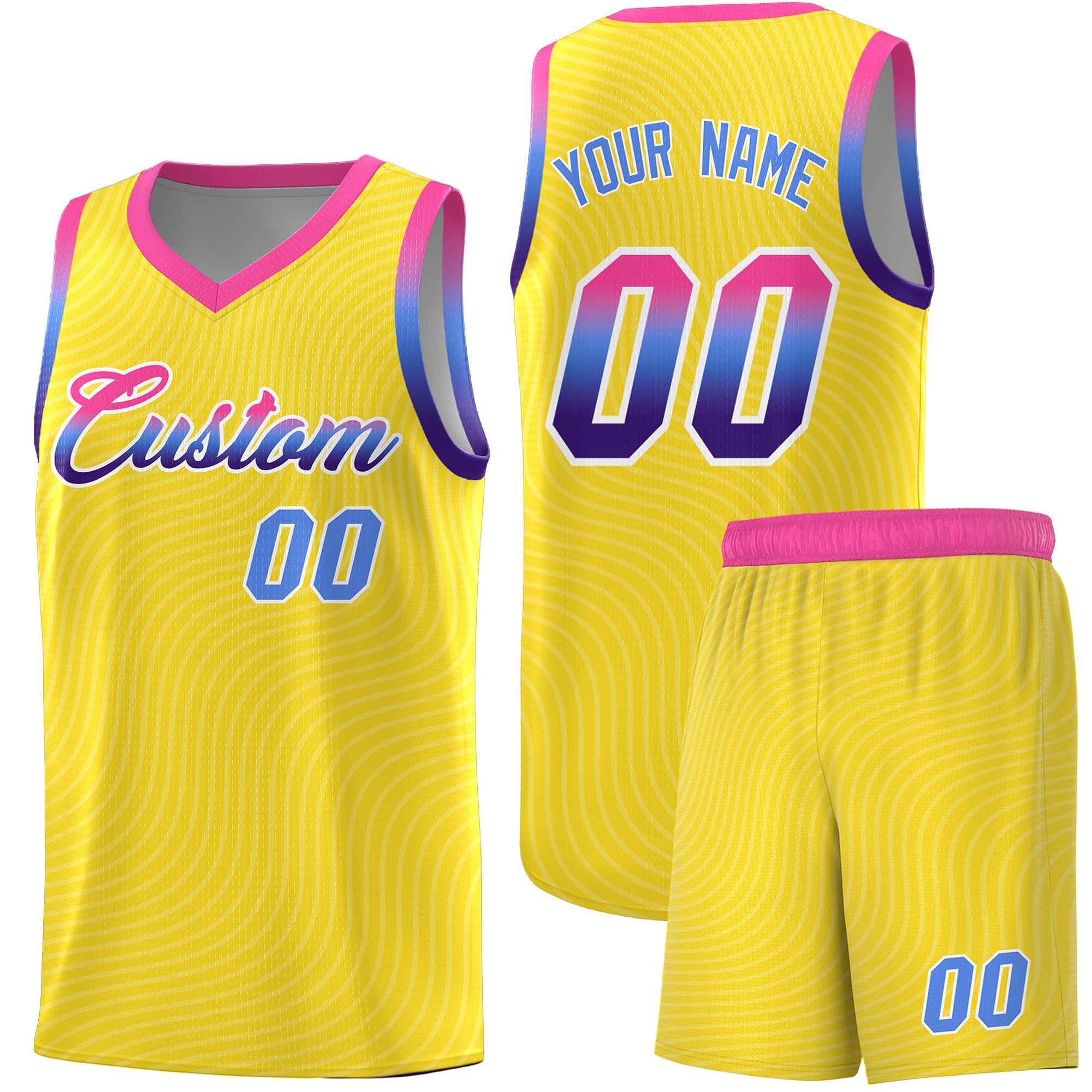 Custom Gold Pink Wave Pattern Sports Uniform Basketball Kits