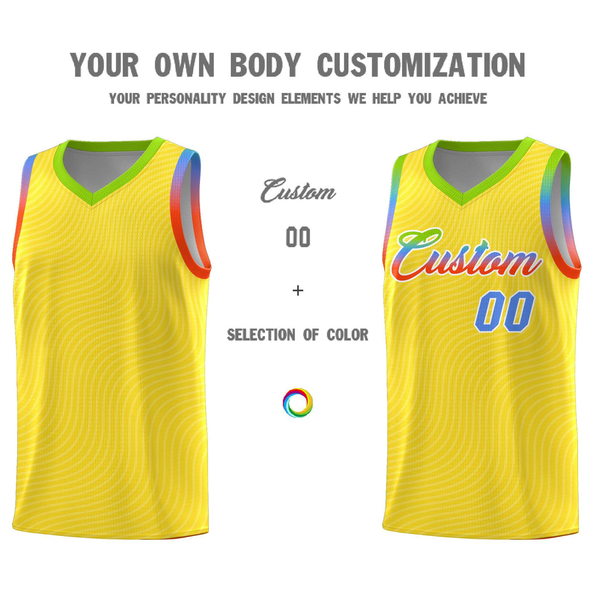 Custom Gold Neon Green Wave Pattern Sports Uniform Basketball Kits