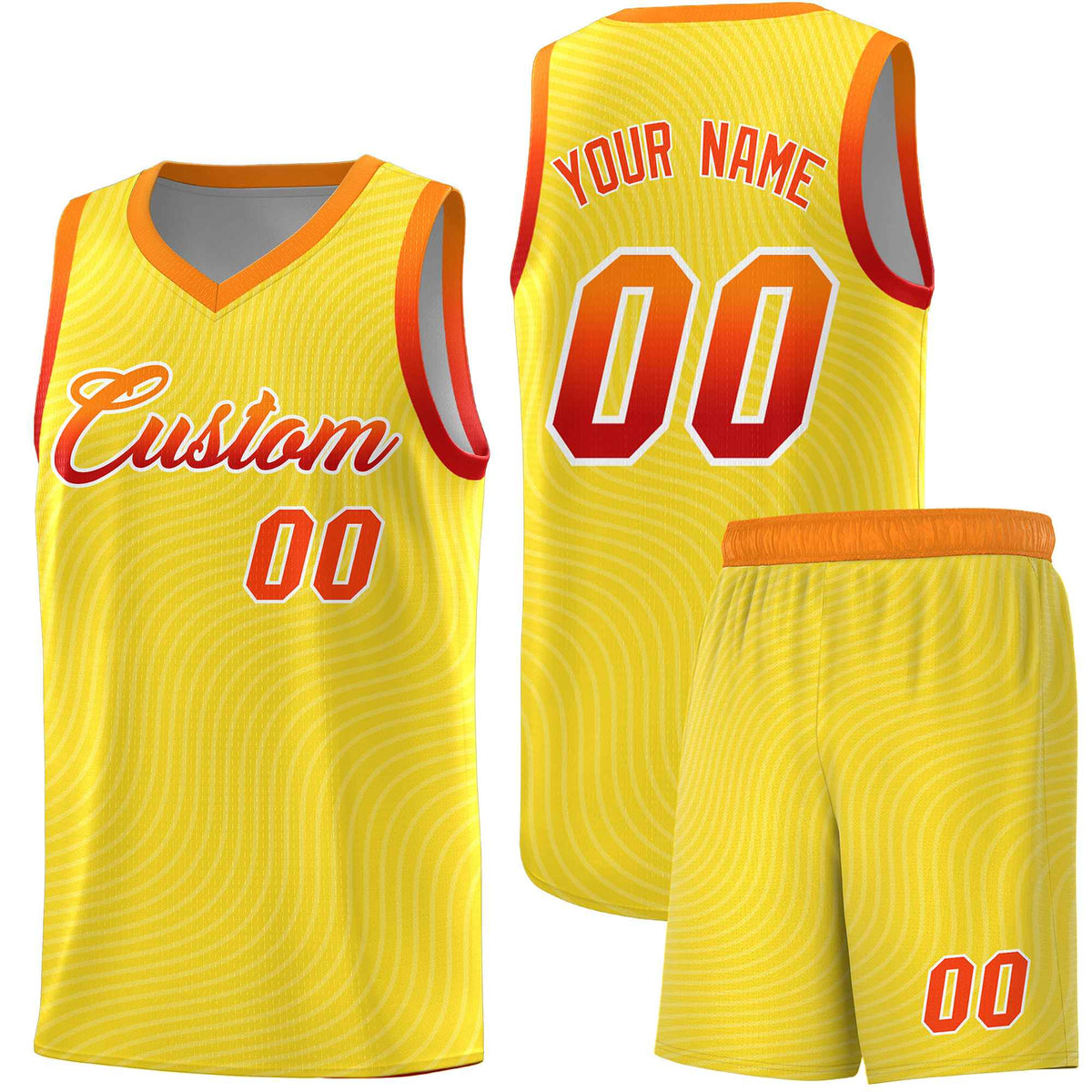 Custom Gold Orange Wave Pattern Sports Uniform Basketball Kits