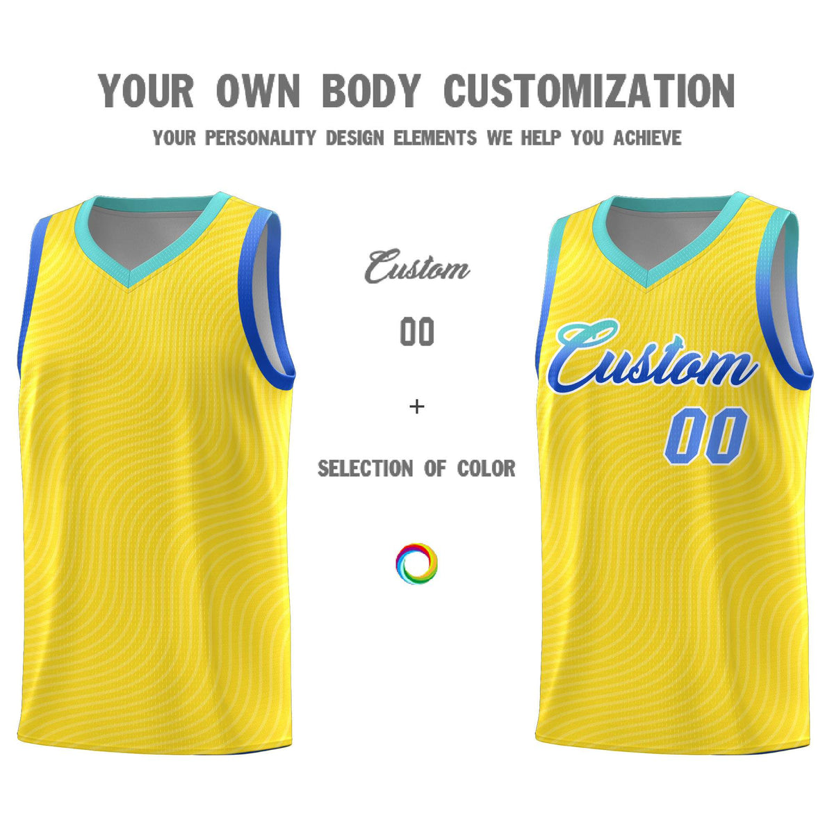 Custom Gold Bright Green Wave Pattern Sports Uniform Basketball Kits