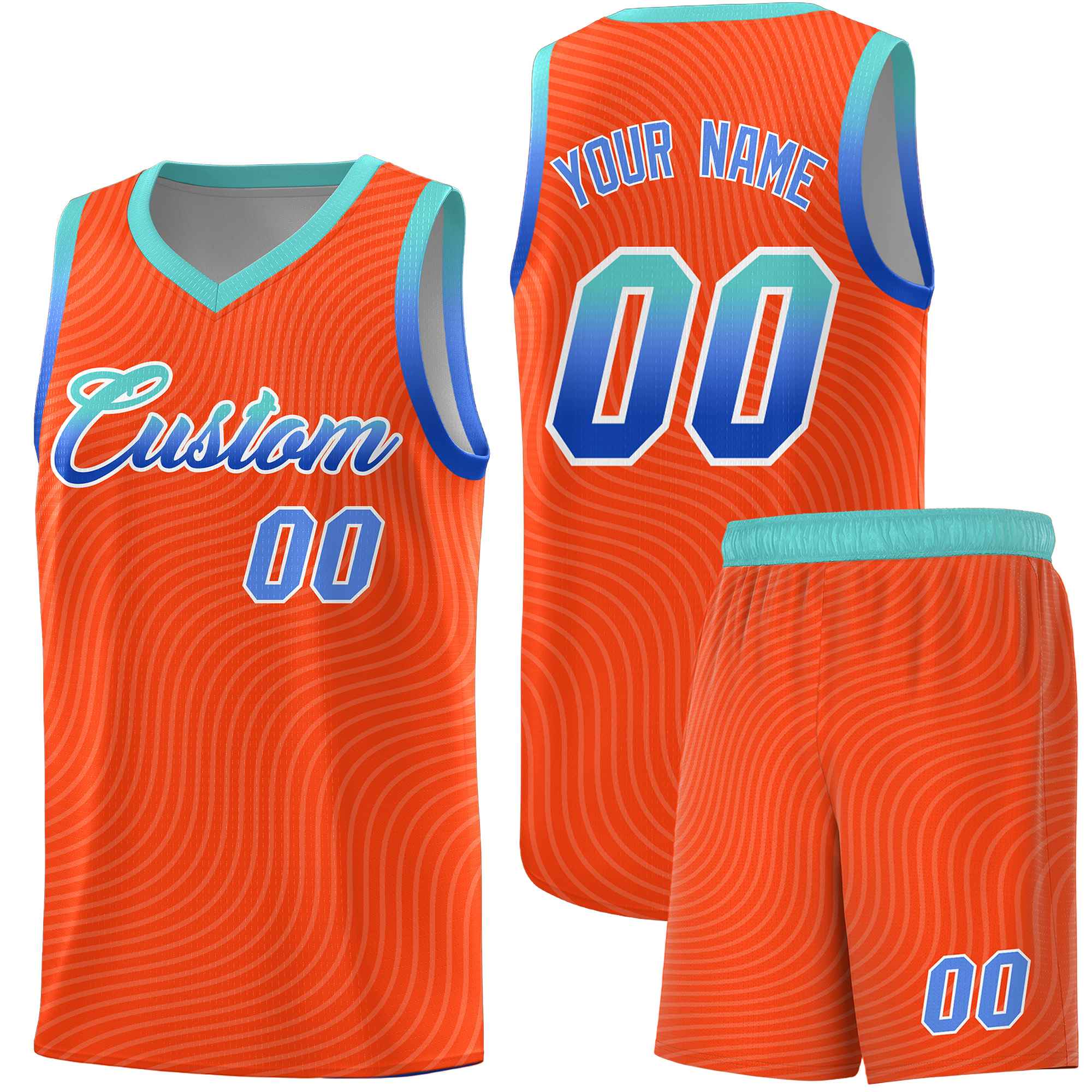 Custom Orange Bright Green Wave Pattern Sports Uniform Basketball Kits