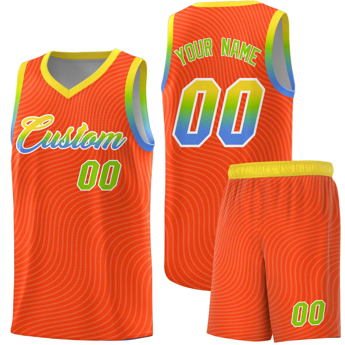 Custom Orange Gold Wave Pattern Sports Uniform Basketball Kits