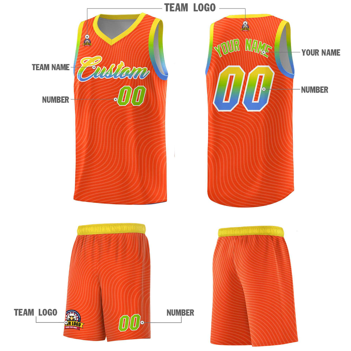 Custom Orange Gold Wave Pattern Sports Uniform Basketball Kits