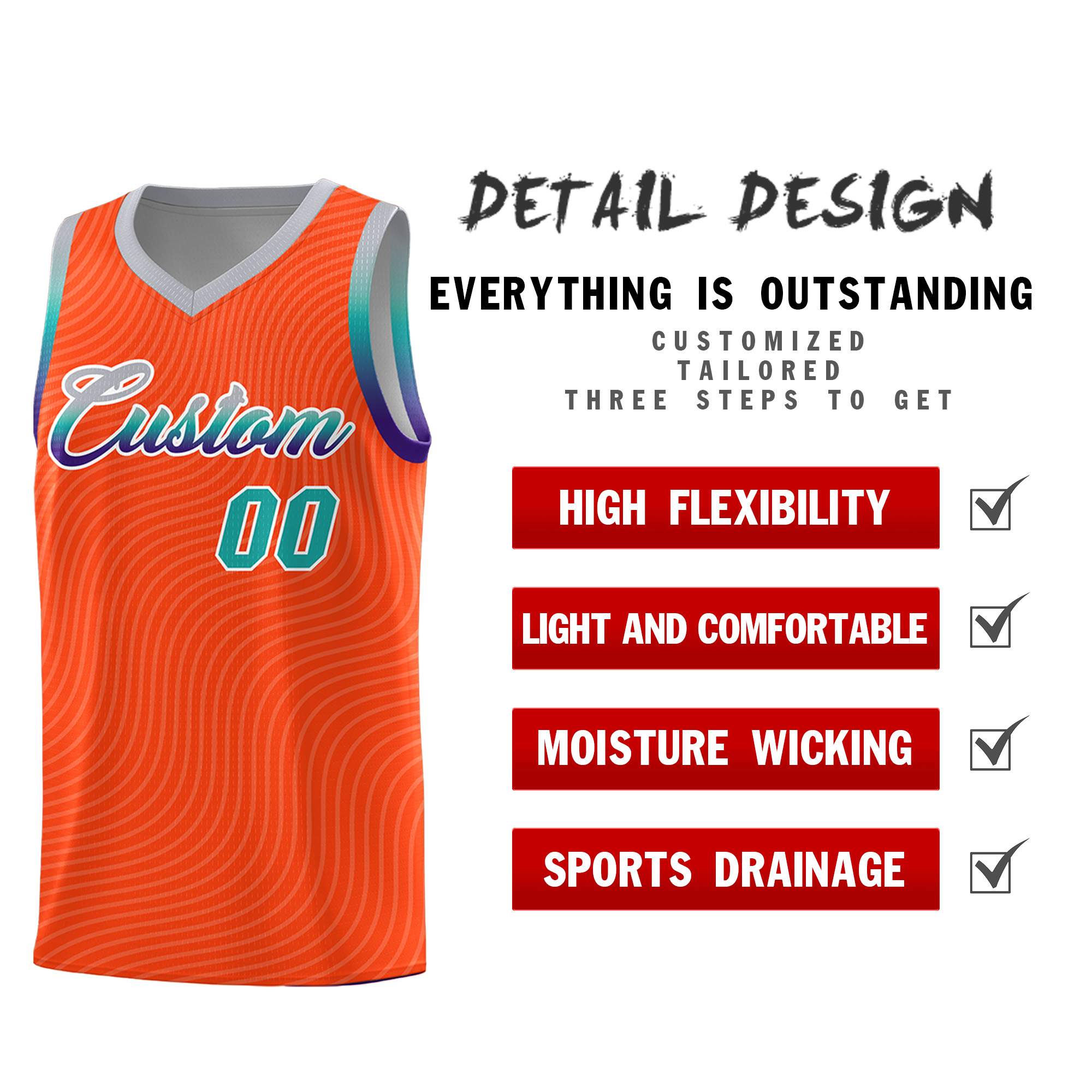 Custom Orange Gray Wave Pattern Sports Uniform Basketball Kits