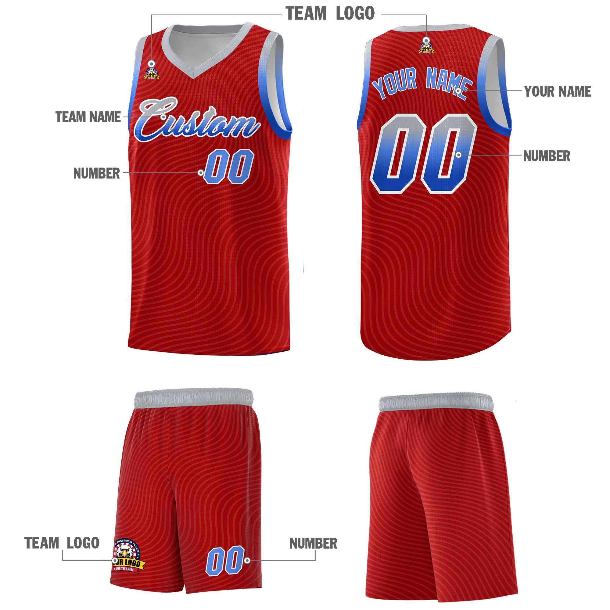 Custom Red Gray Wave Pattern Sports Uniform Basketball Kits