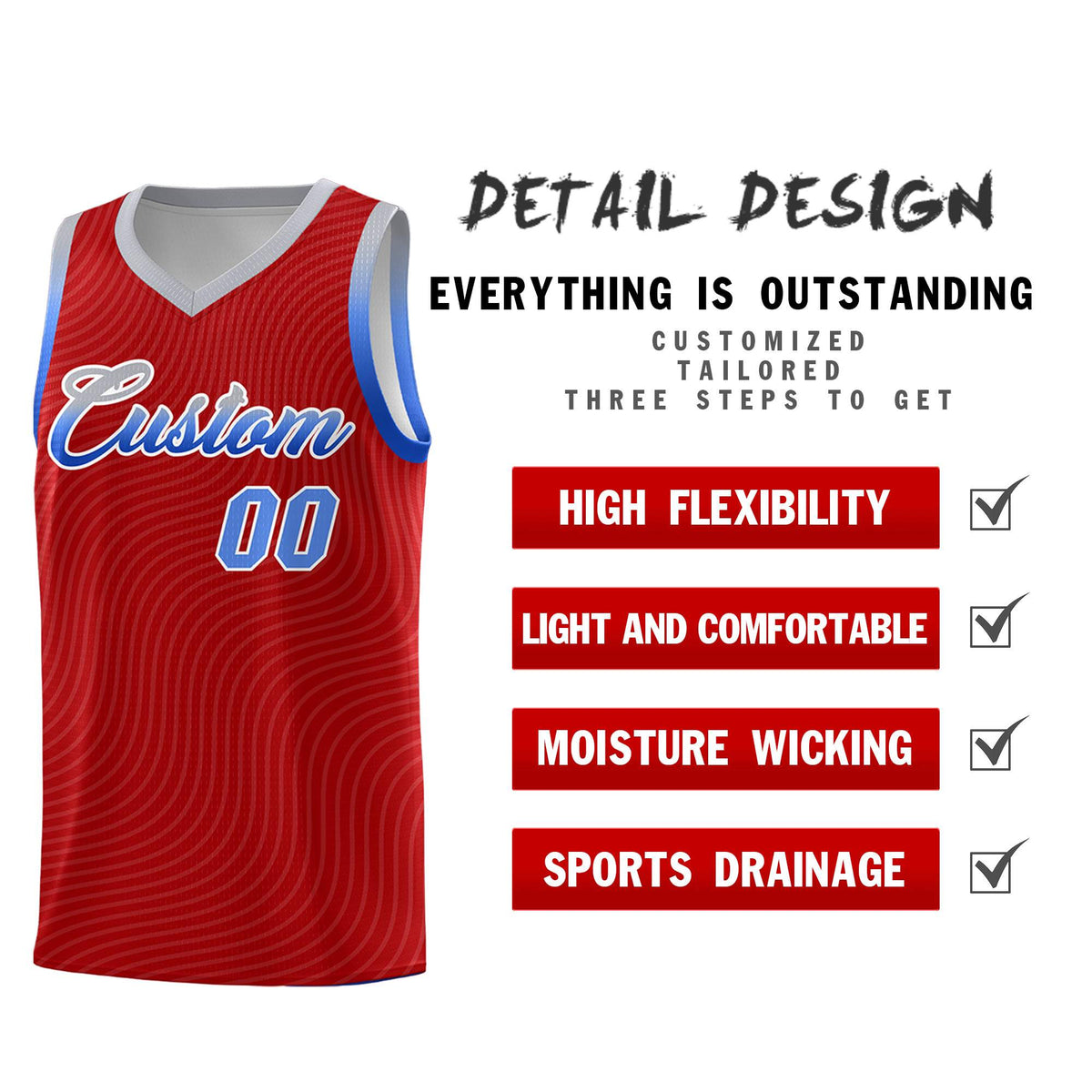 Custom Red Gray Wave Pattern Sports Uniform Basketball Kits