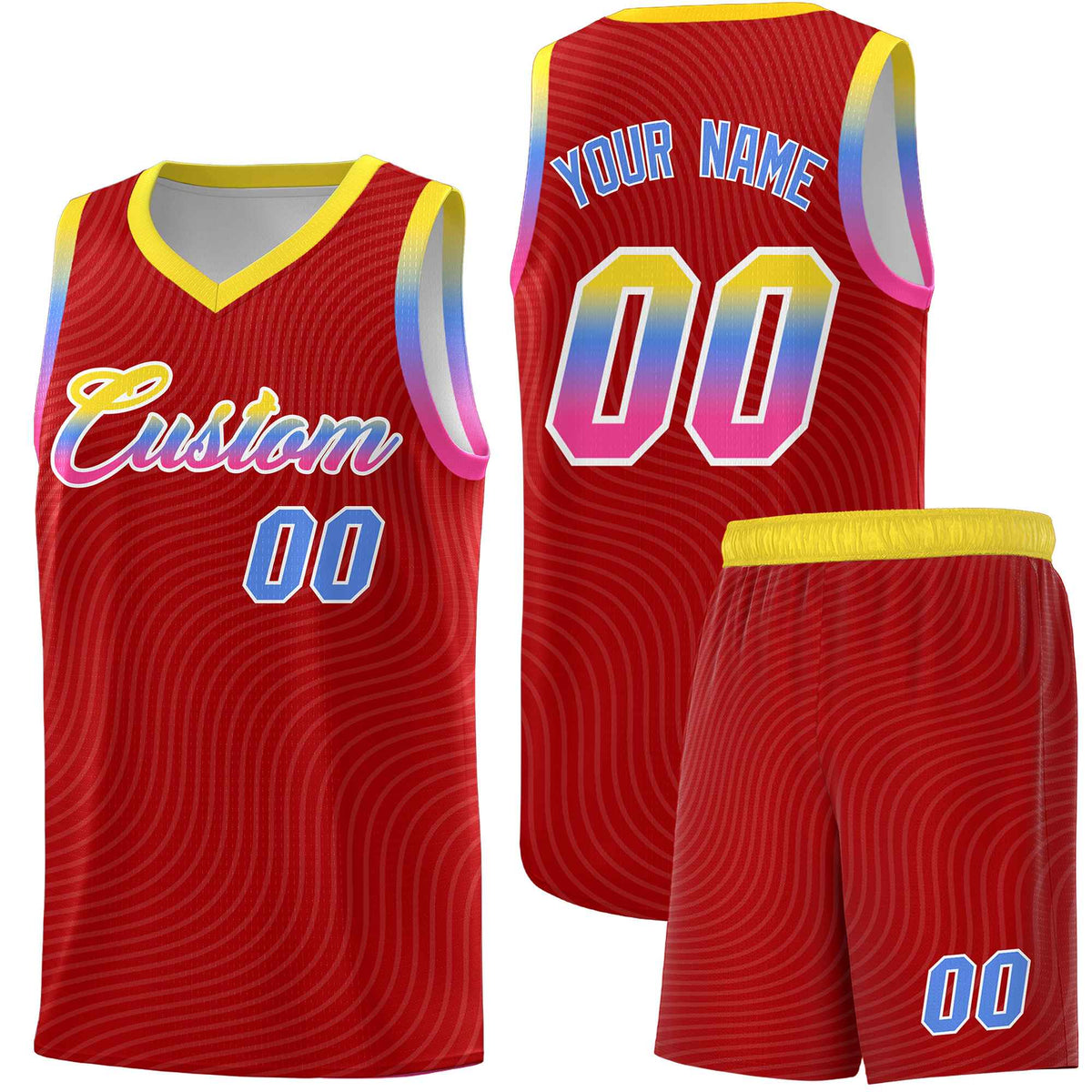 Custom Red Gold Wave Pattern Sports Uniform Basketball Kits