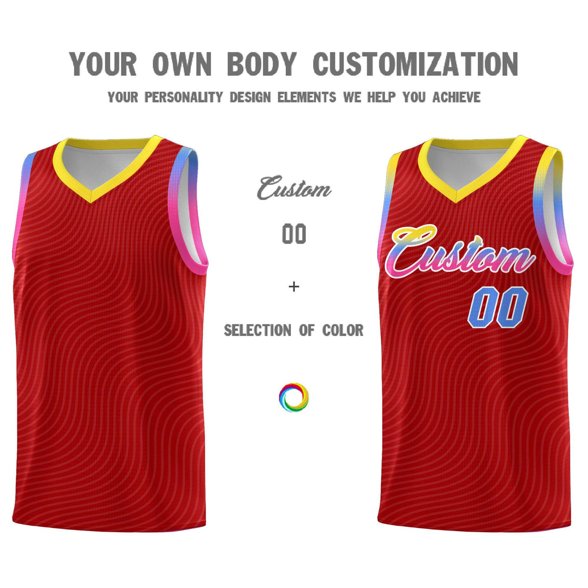 Custom Red Gold Wave Pattern Sports Uniform Basketball Kits