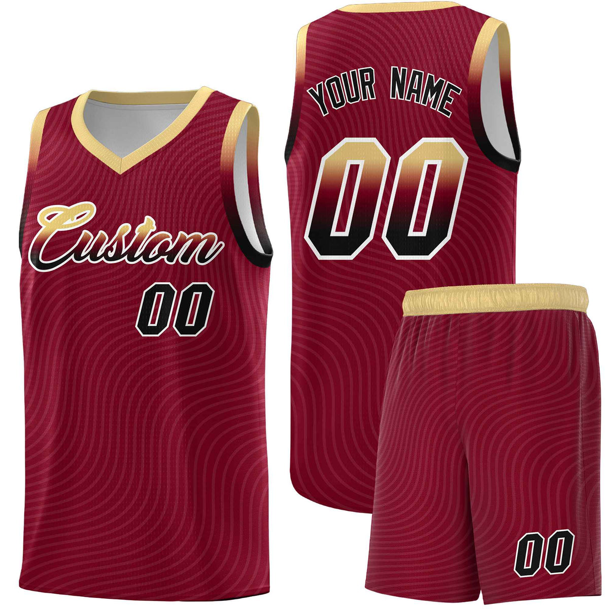 Custom Crimson Khaki Wave Pattern Sports Uniform Basketball Kits