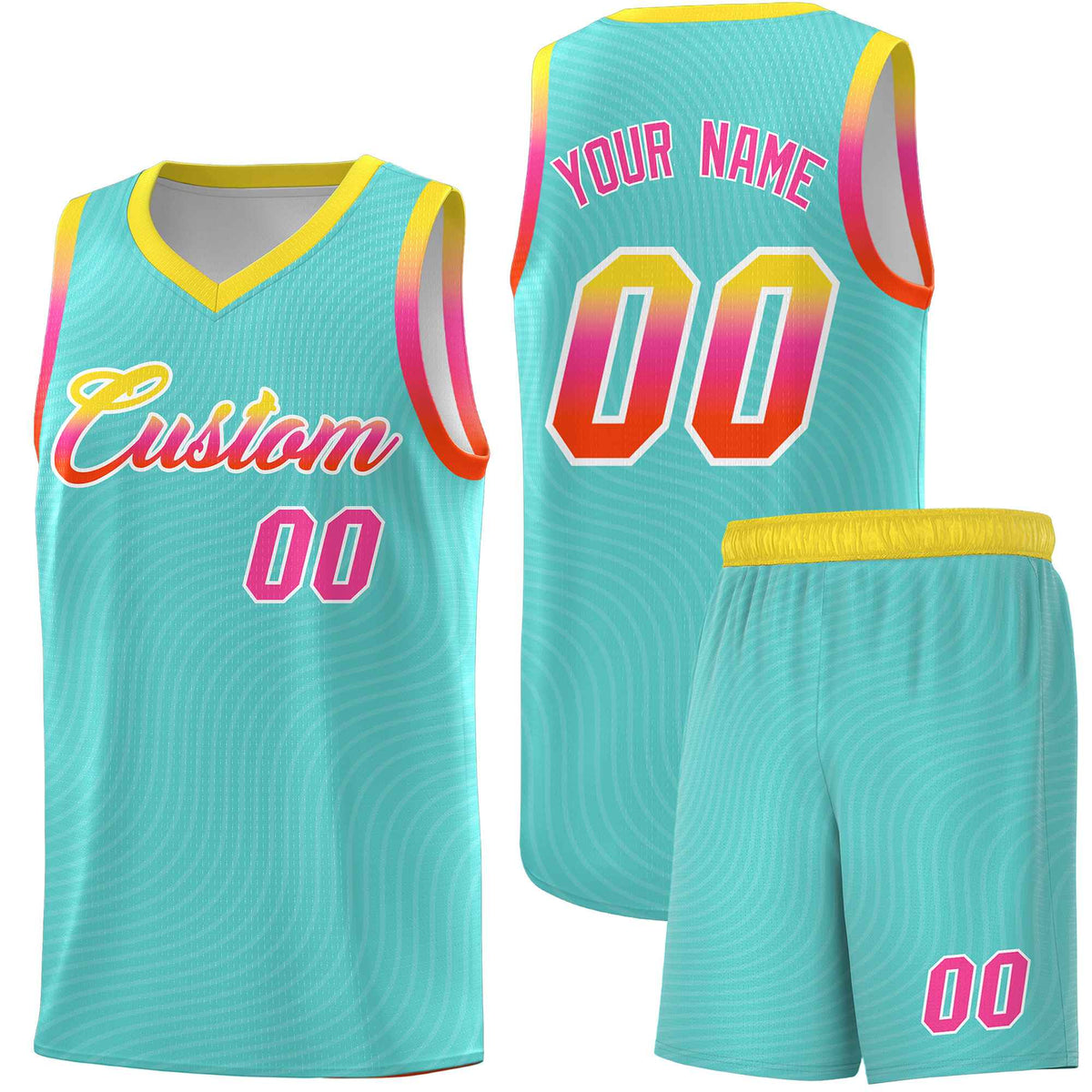 Custom Bright Green Gold Wave Pattern Sports Uniform Basketball Kits