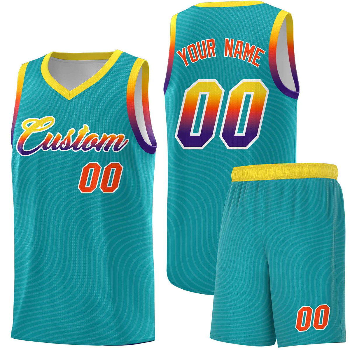 Custom Aqua Gold Wave Pattern Sports Uniform Basketball Kits