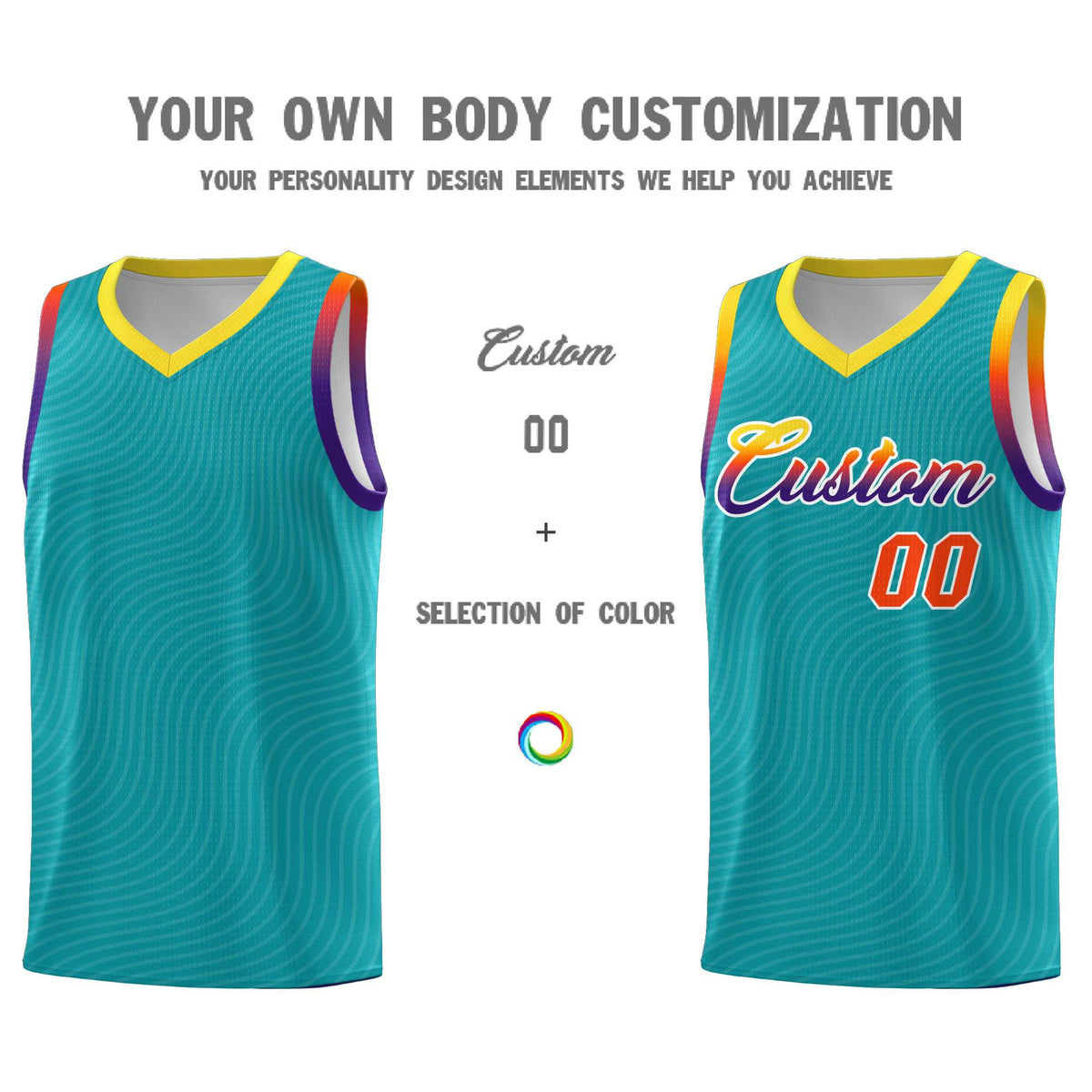 Custom Aqua Gold Wave Pattern Sports Uniform Basketball Kits