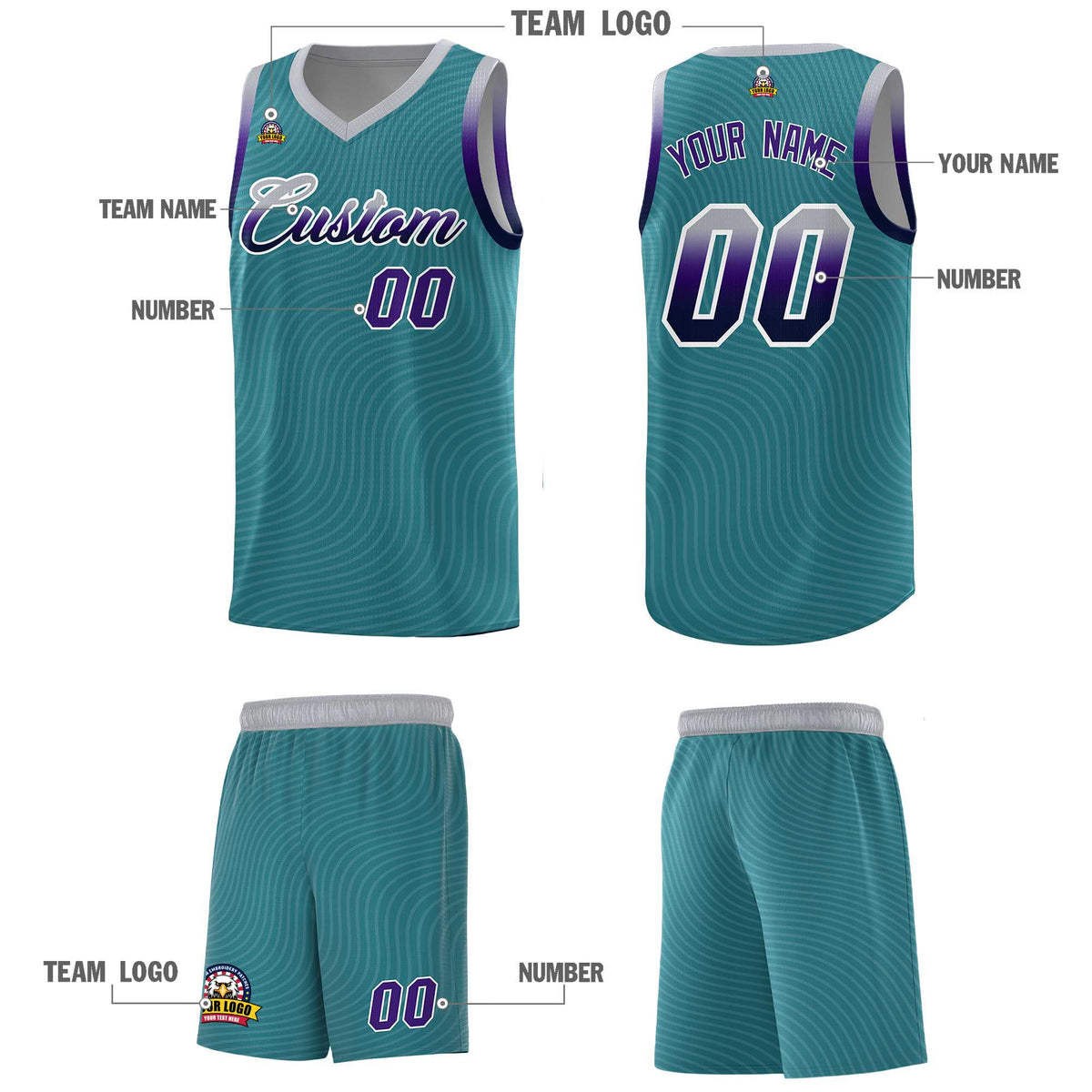Custom Teal Gray Wave Pattern Sports Uniform Basketball Kits