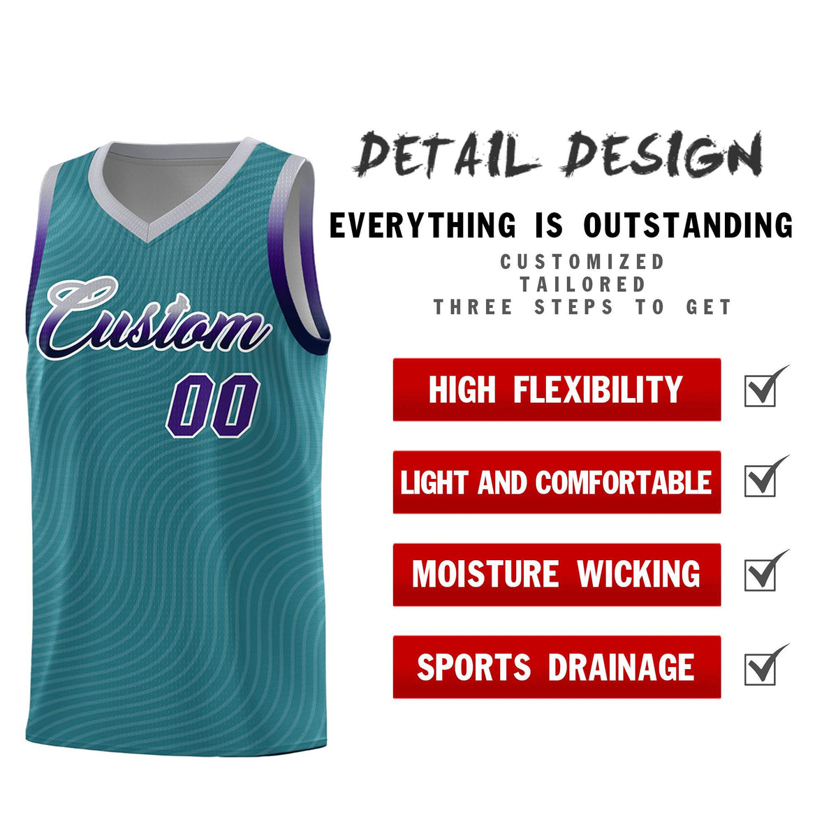Custom Teal Gray Wave Pattern Sports Uniform Basketball Kits