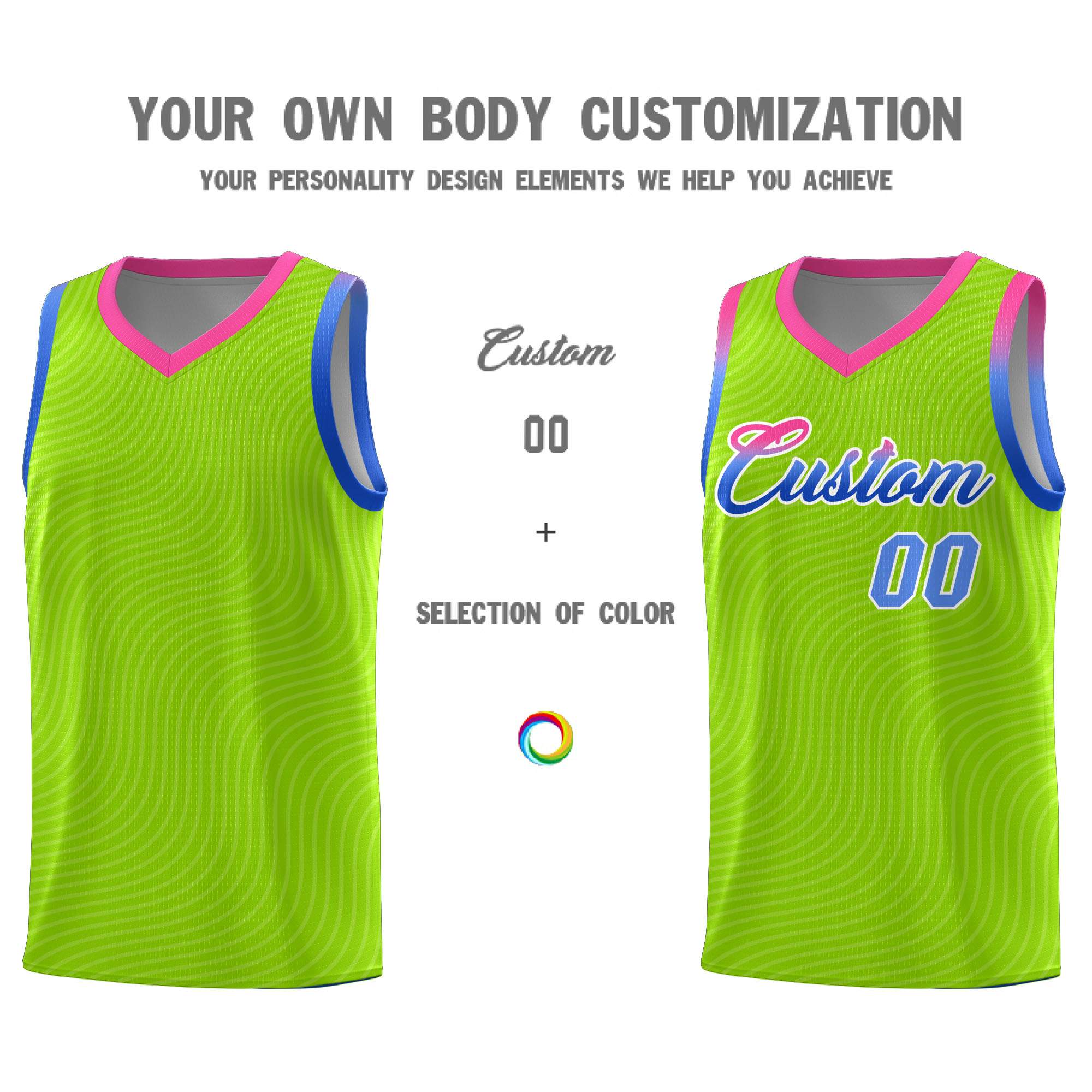 Custom Neon Green Pink Wave Pattern Sports Uniform Basketball Kits