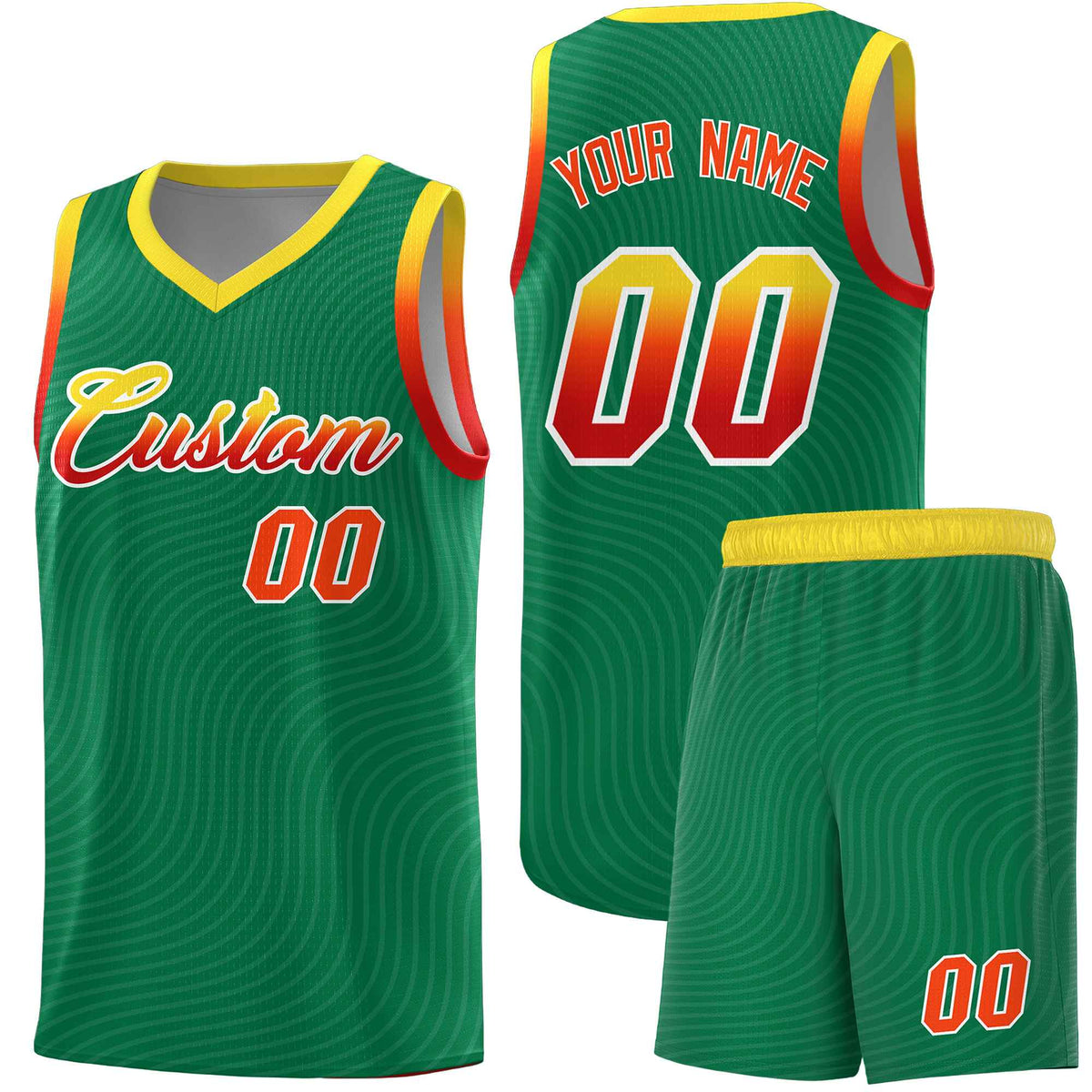 Custom Kelly Green Gold Wave Pattern Sports Uniform Basketball Kits