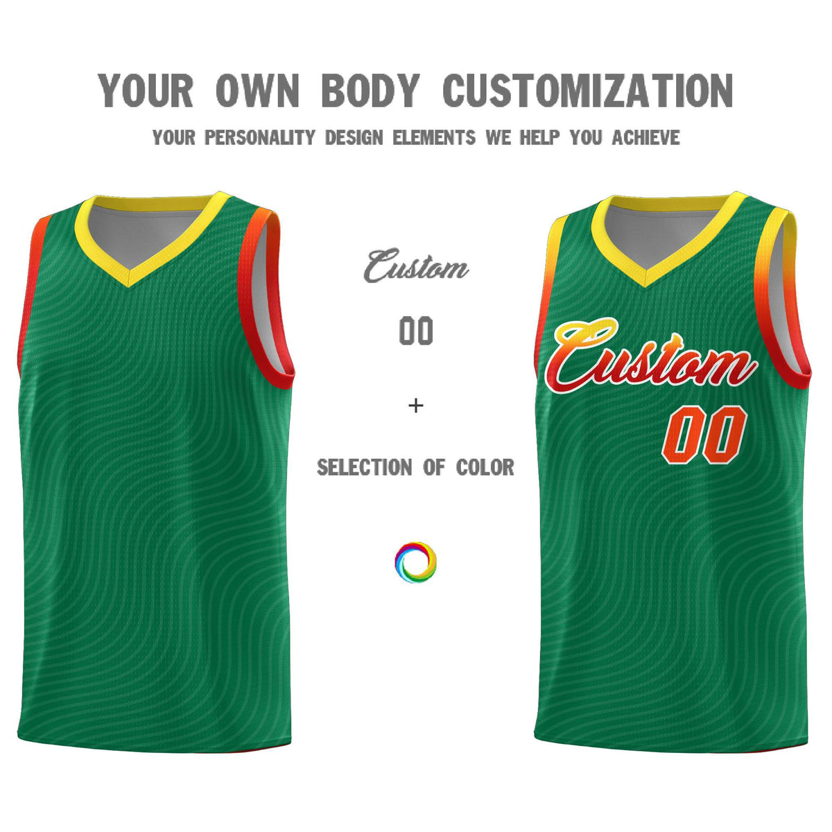 Custom Kelly Green Gold Wave Pattern Sports Uniform Basketball Kits