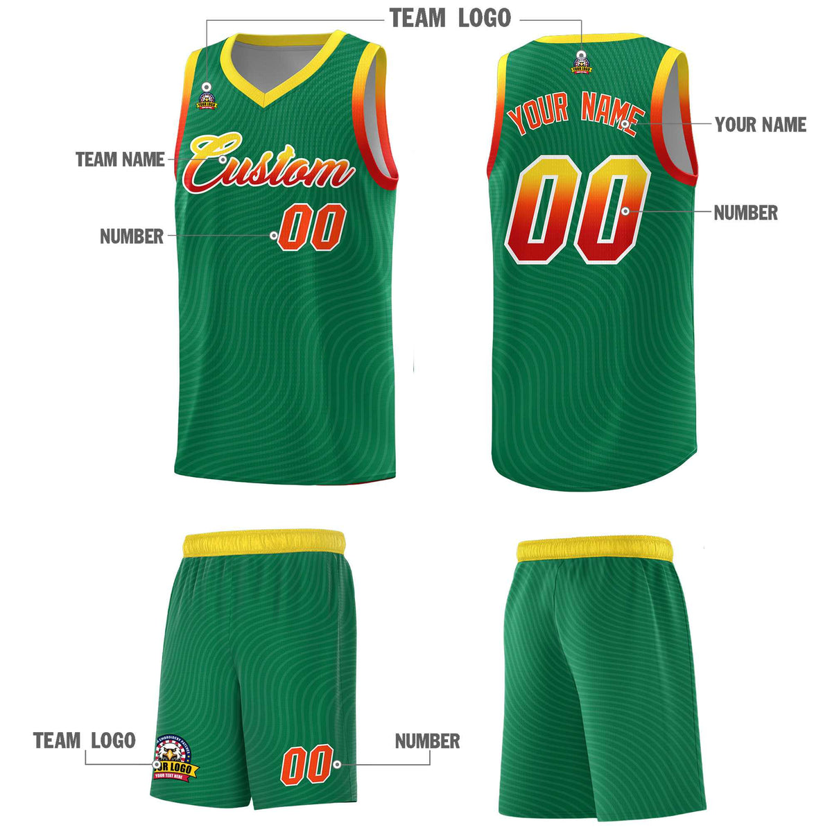 Custom Kelly Green Gold Wave Pattern Sports Uniform Basketball Kits