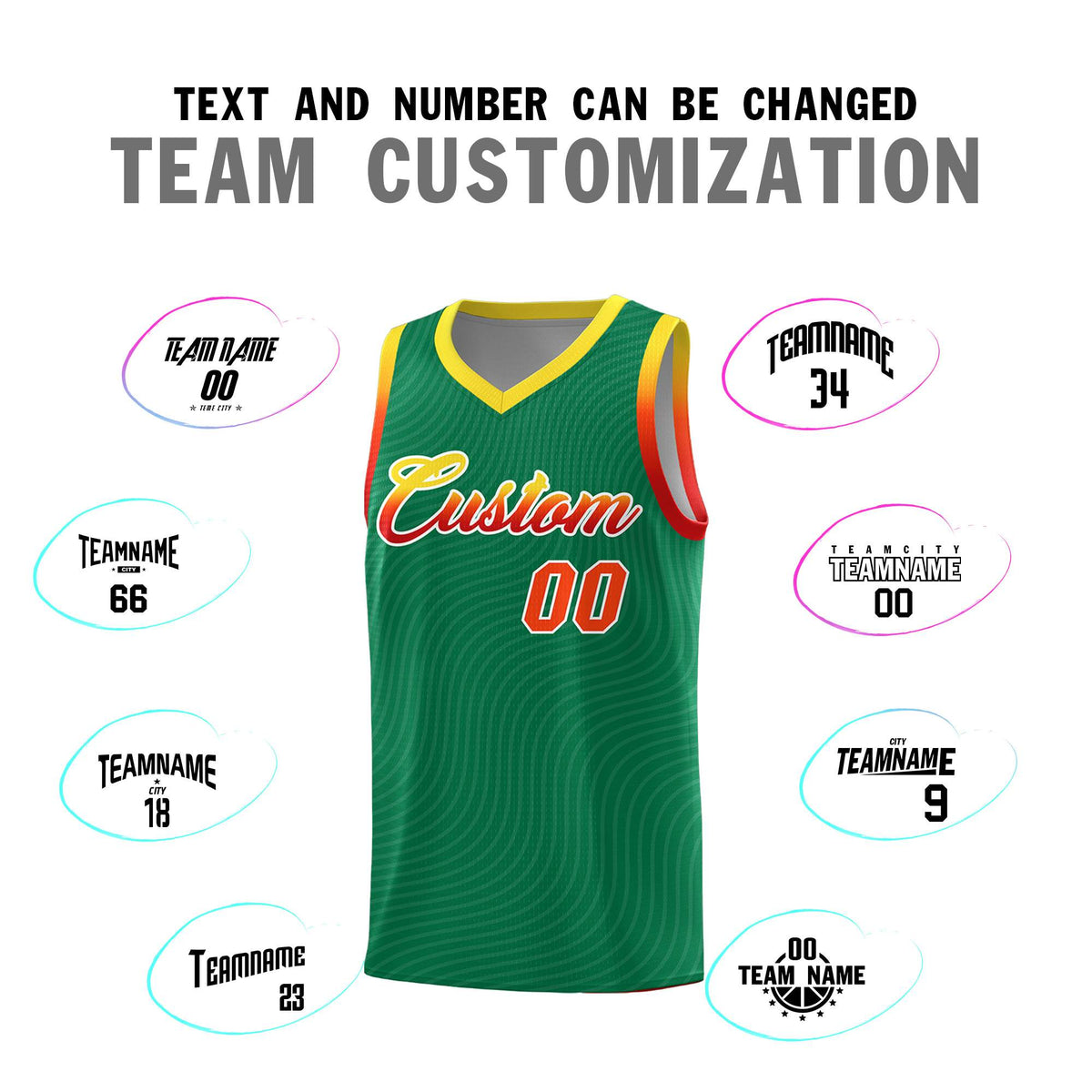 Custom Kelly Green Gold Wave Pattern Sports Uniform Basketball Kits